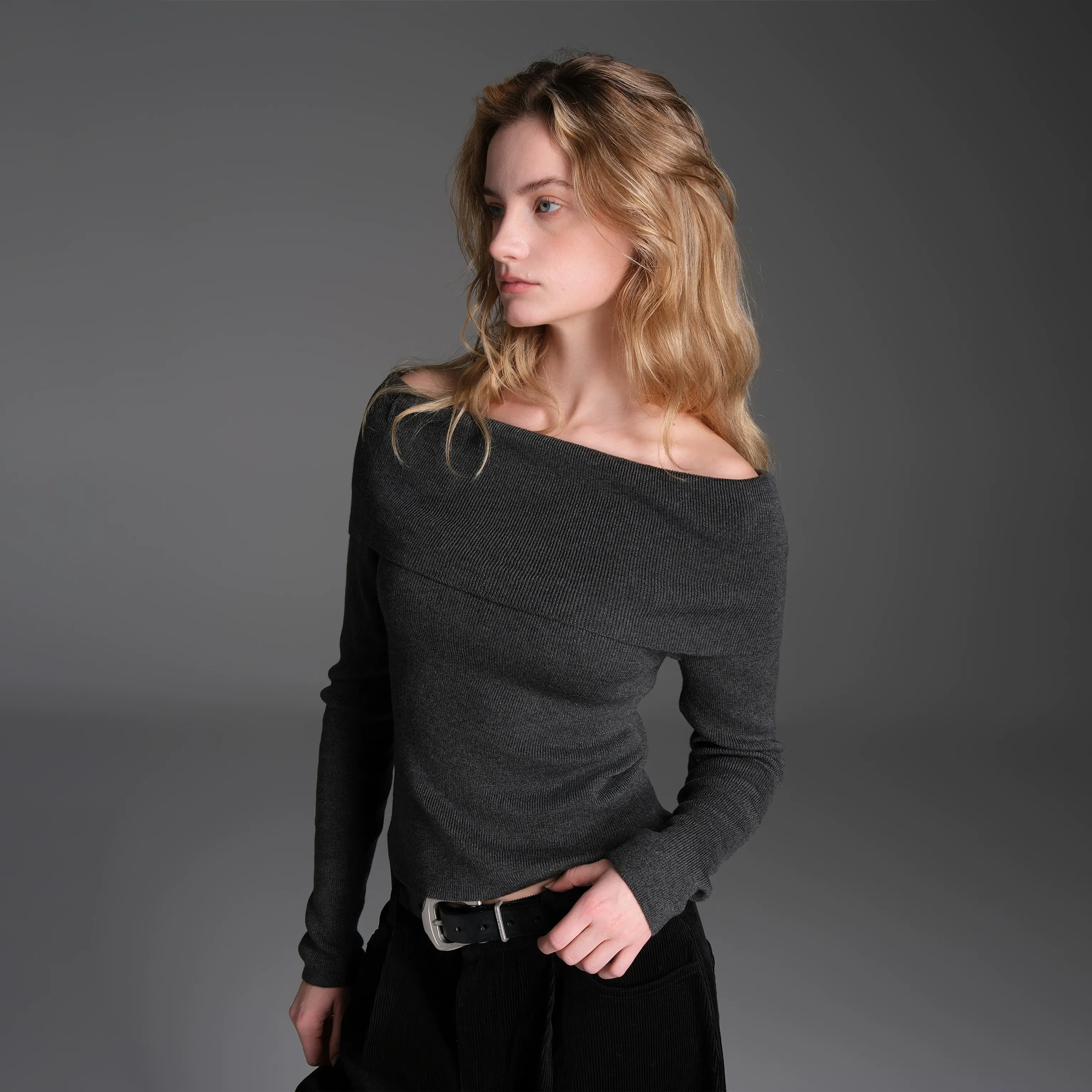 Ribbed One-Shoulder Slim Sweater - Image 5