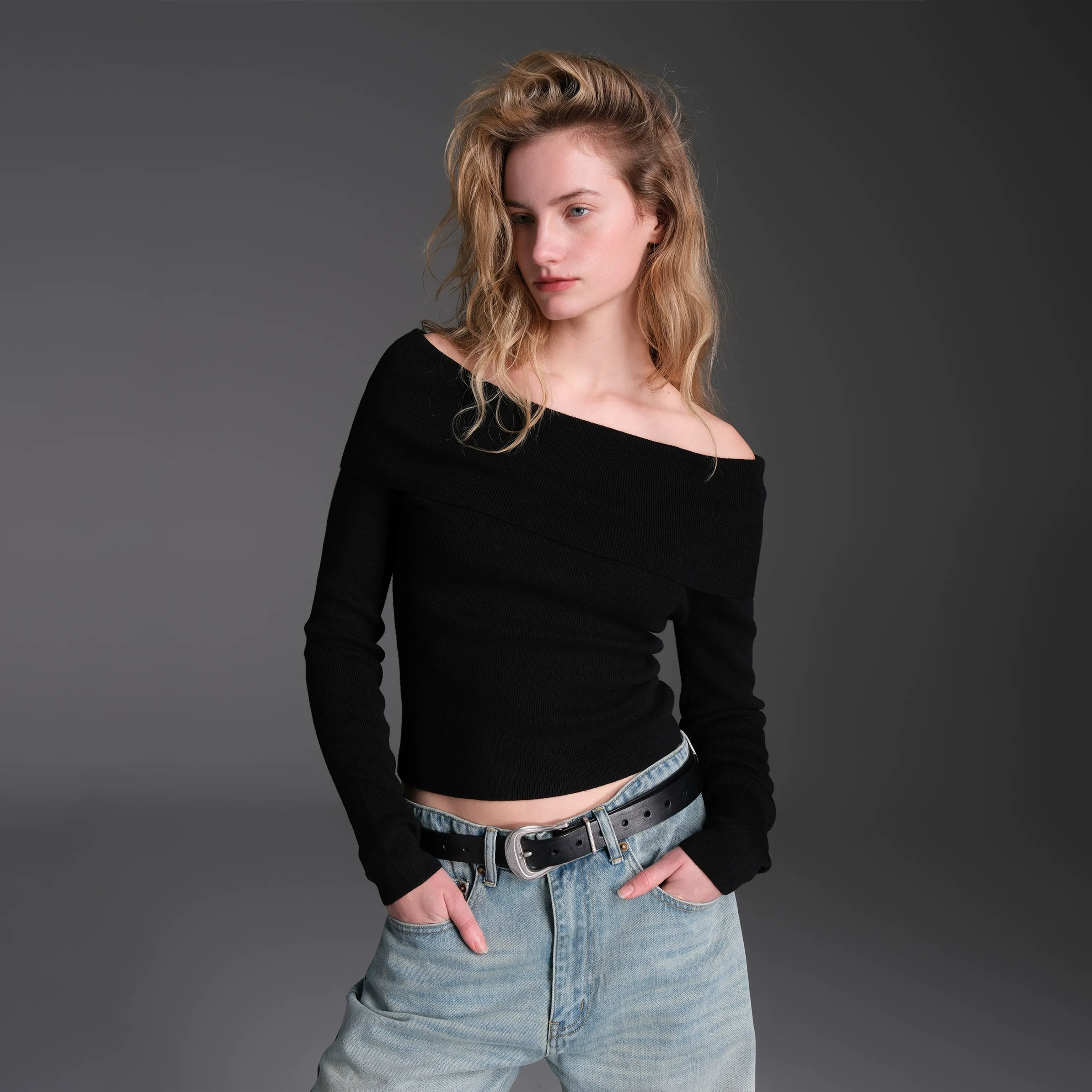 Ribbed One-Shoulder Slim Sweater - Image 6