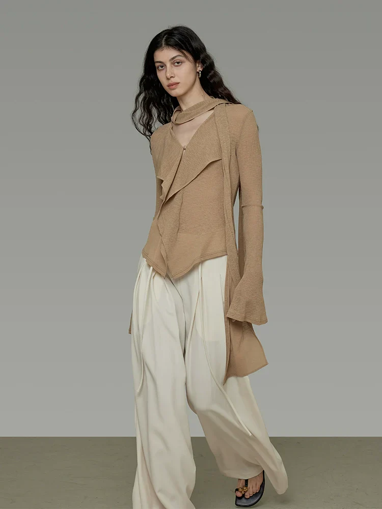 Ribbed Scarf-Tie V-Neck Sweater - Image 2