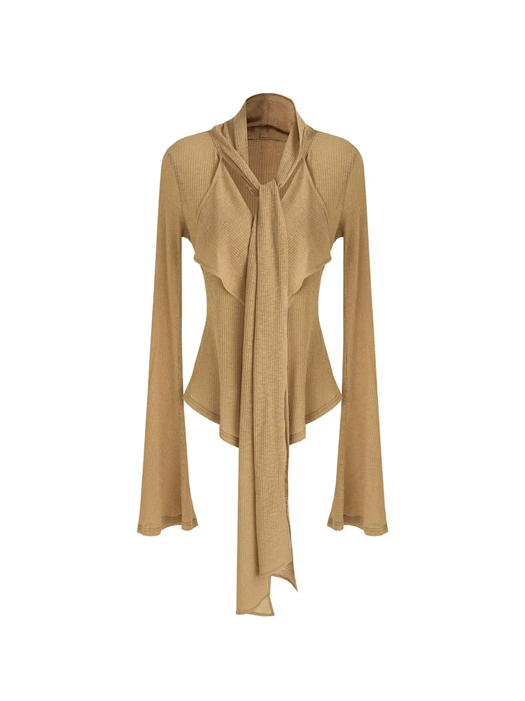 Ribbed Scarf-Tie V-Neck Sweater - Image 4