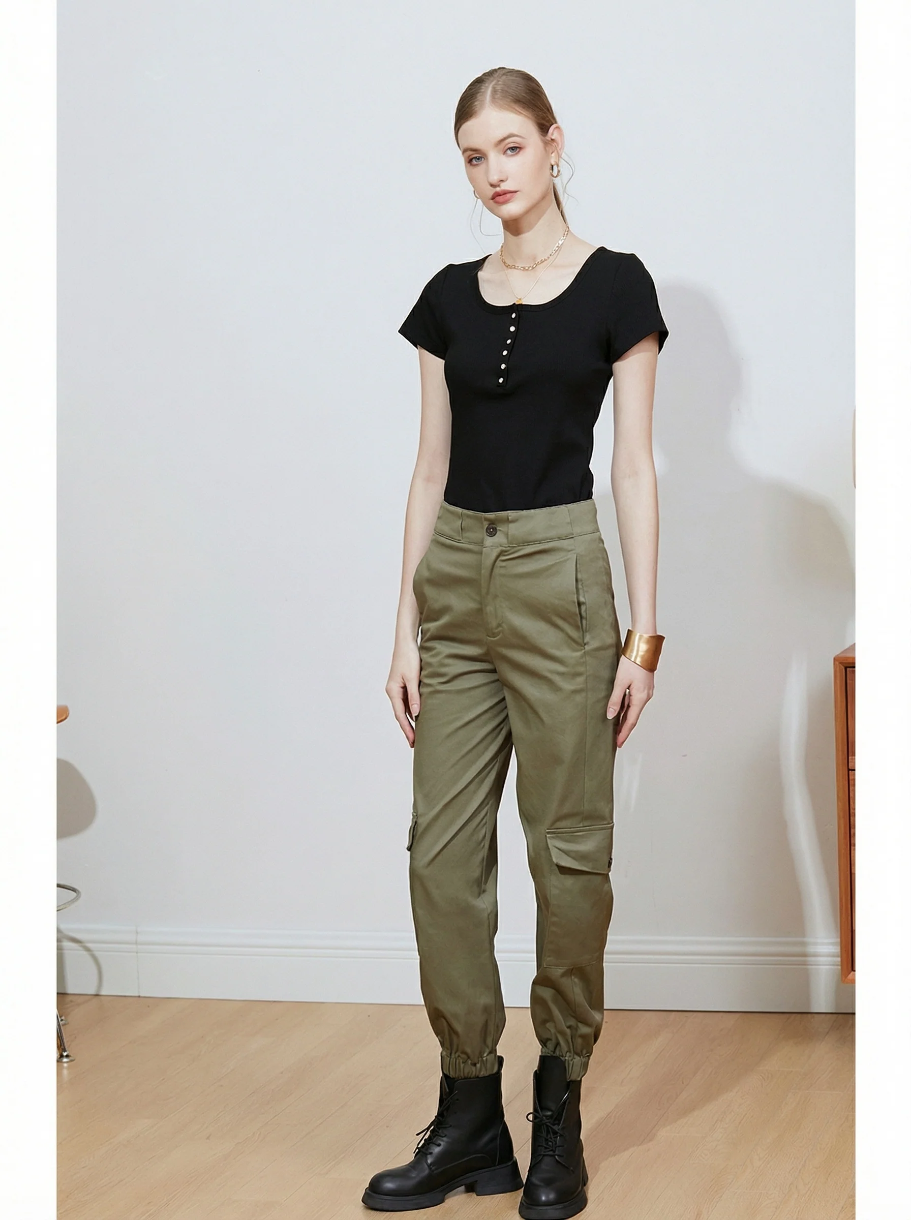 Ribbed Scoop-Neck Henley Top