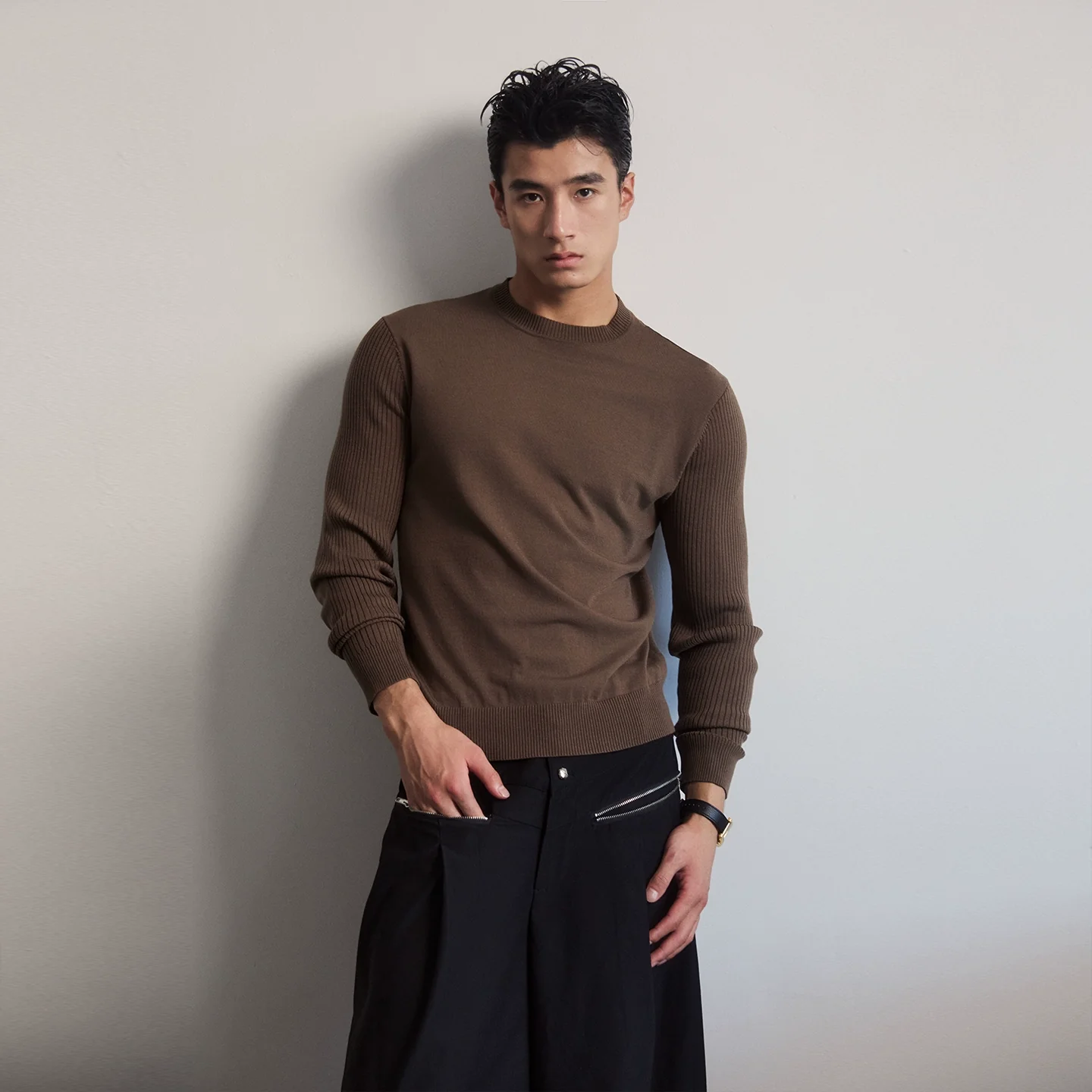 Ribbed Sleeve Knit Crewneck