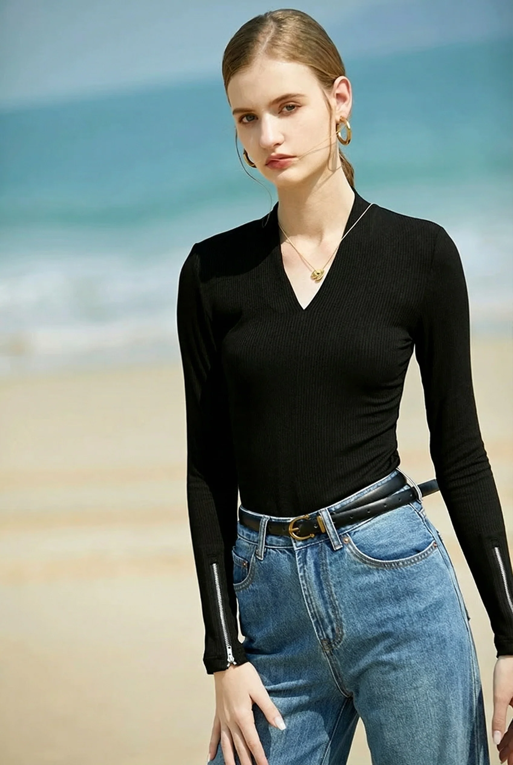 Ribbed V-Neck Zip-Cuff Top