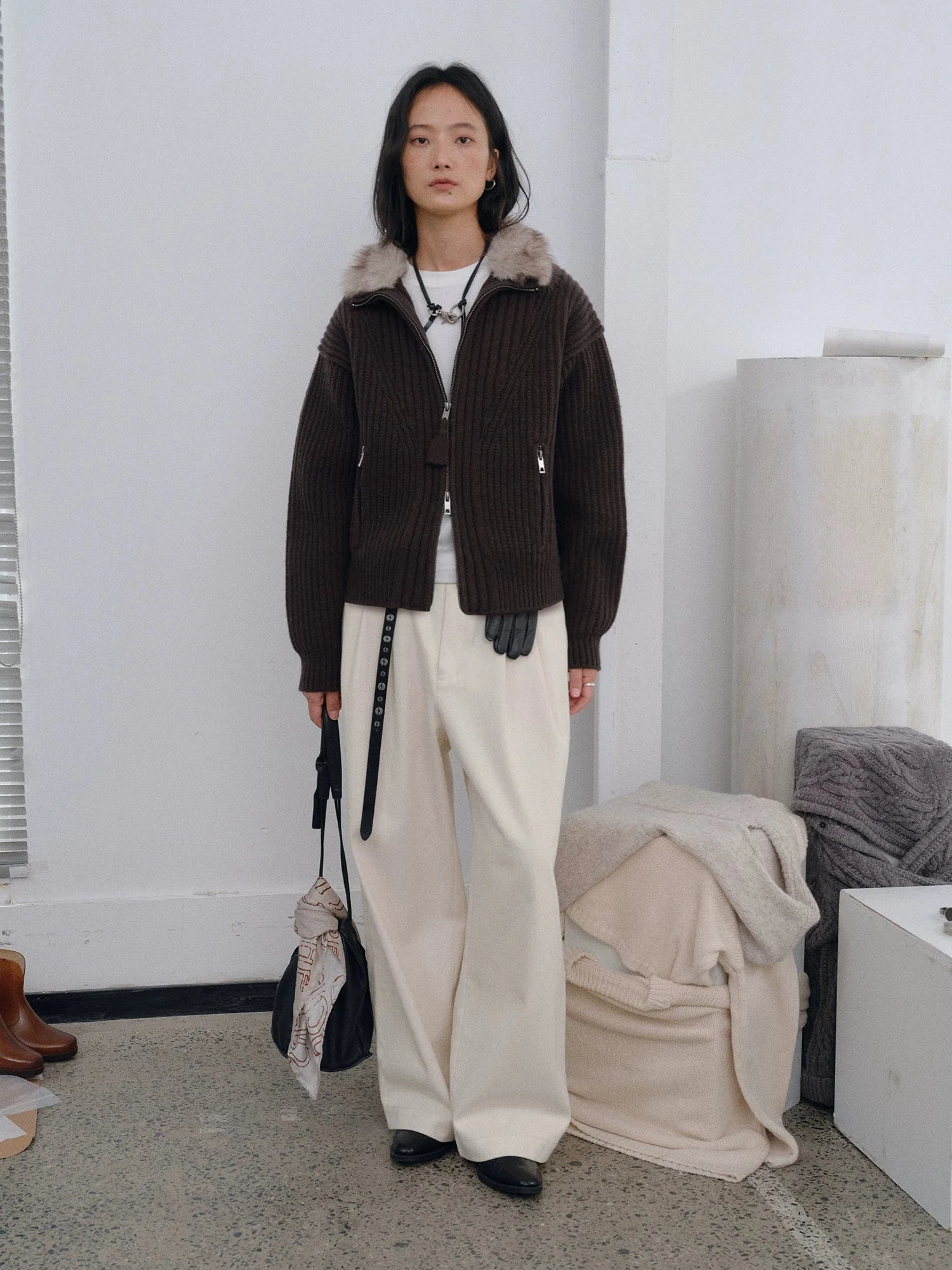 Ribbed Wool Zip Jacket with Faux-Fur Collar - Image 2