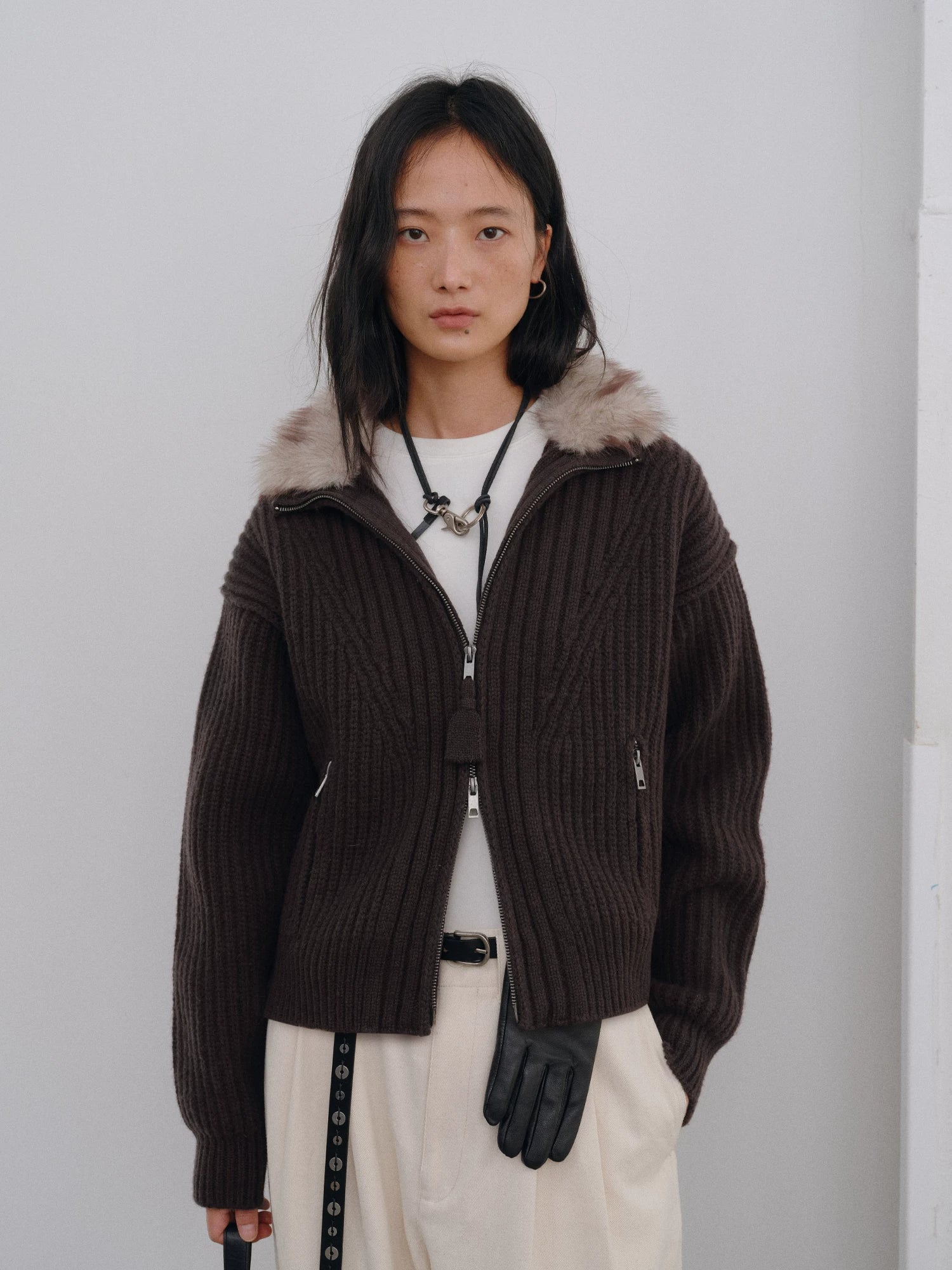 Ribbed Wool Zip Jacket with Faux-Fur Collar - Image 5