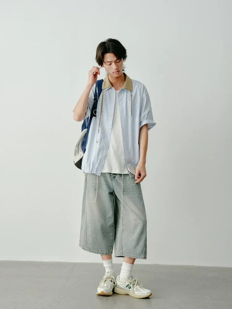 Rope Drawstring Cropped Denim Pants - Image 4