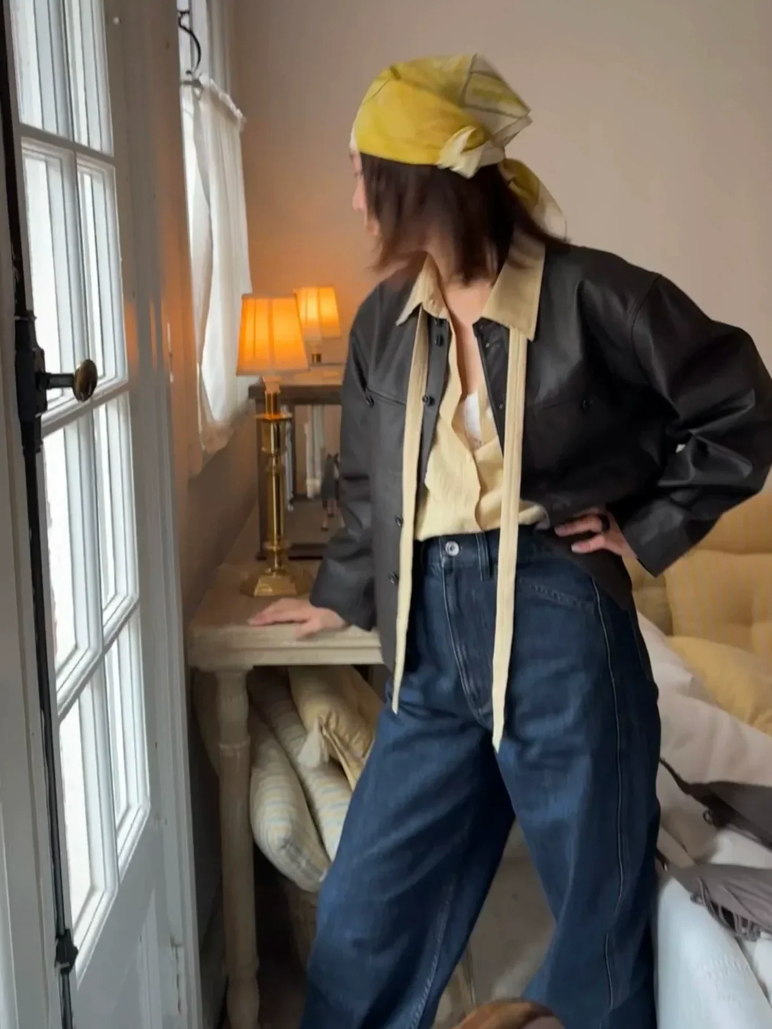 Round-Neck Calfskin Short Jacket - Image 3