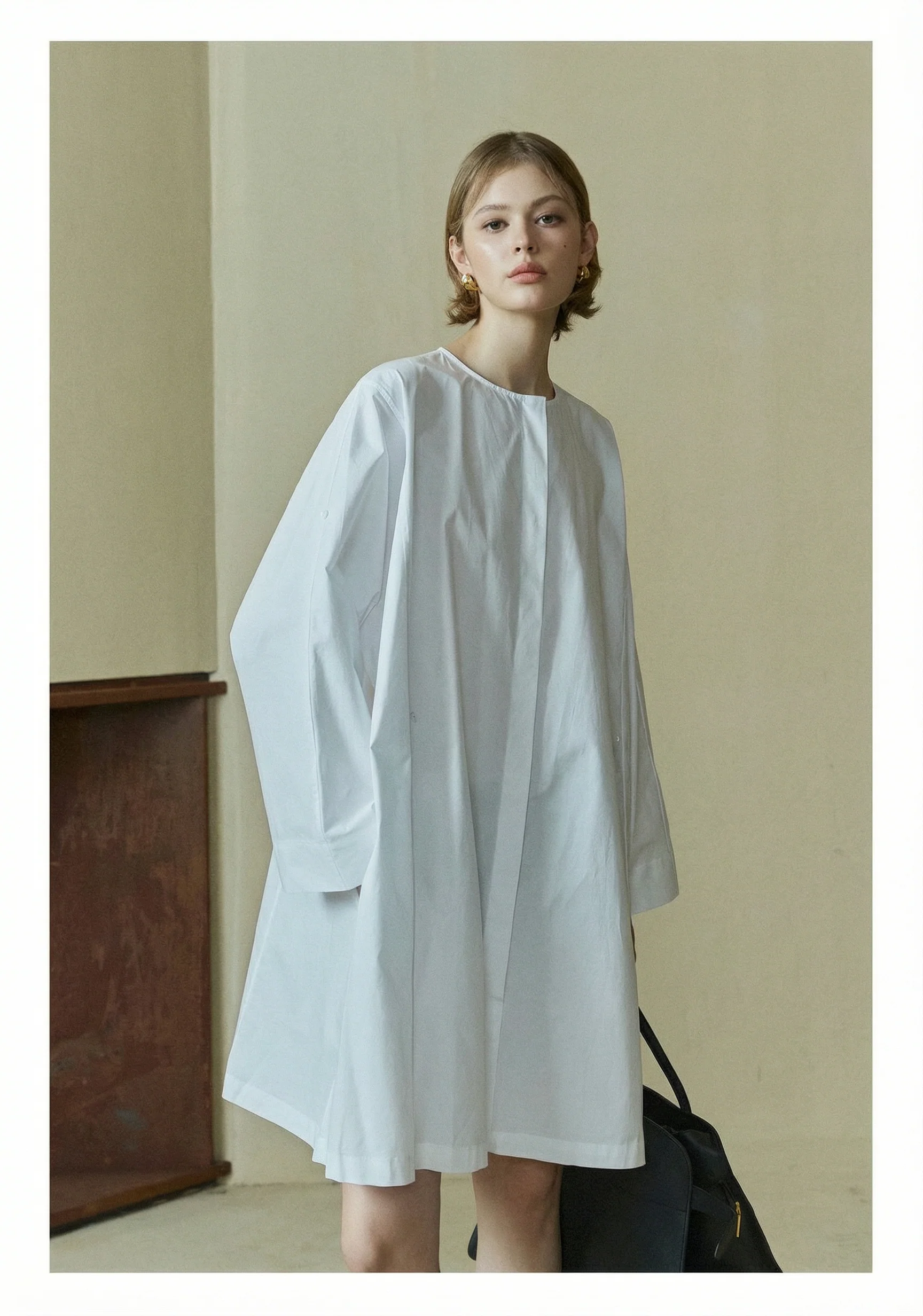 Round-Neck Metal-Clasp Shirt Dress - Image 3