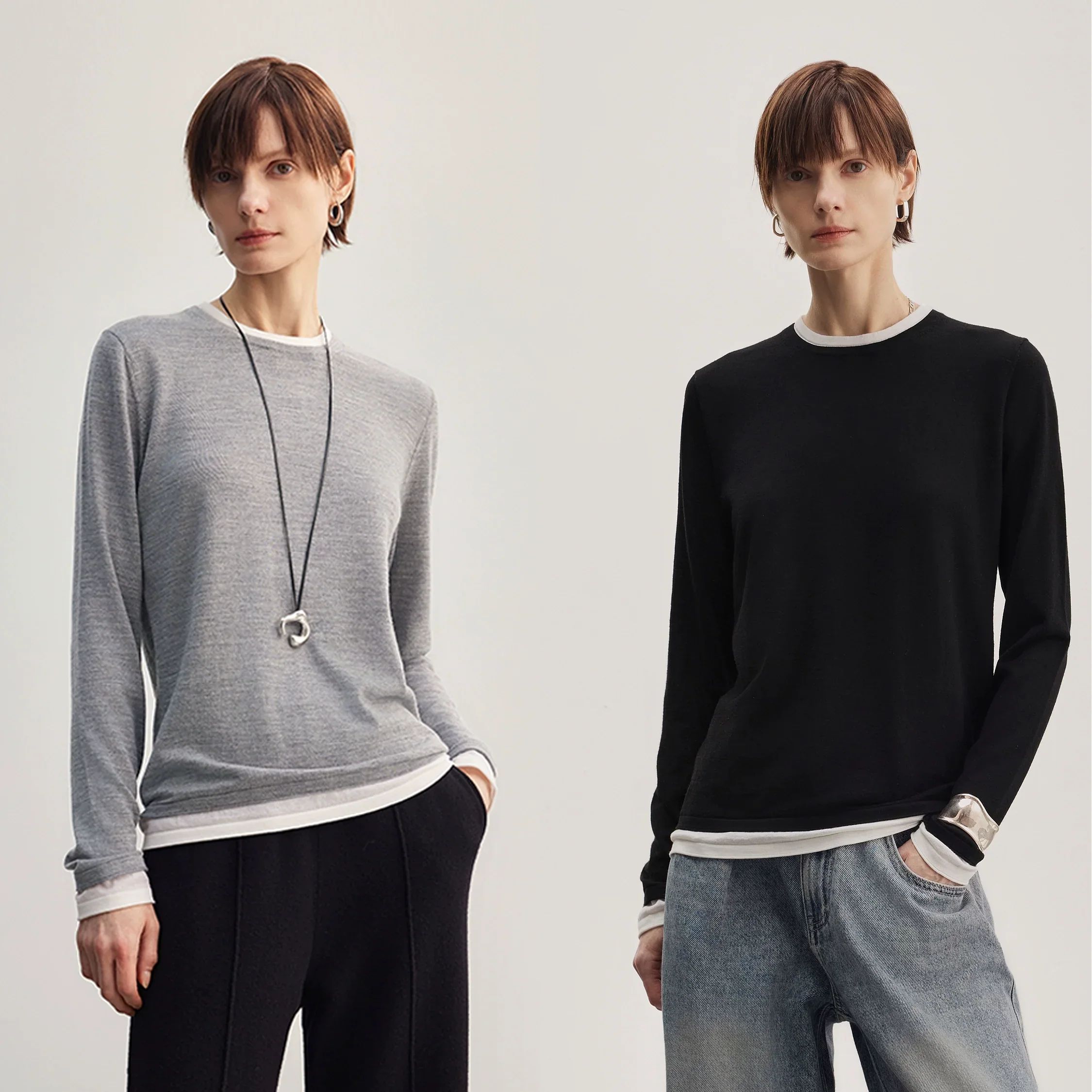 Round Neck Two-Tone Long-Sleeve Sweater