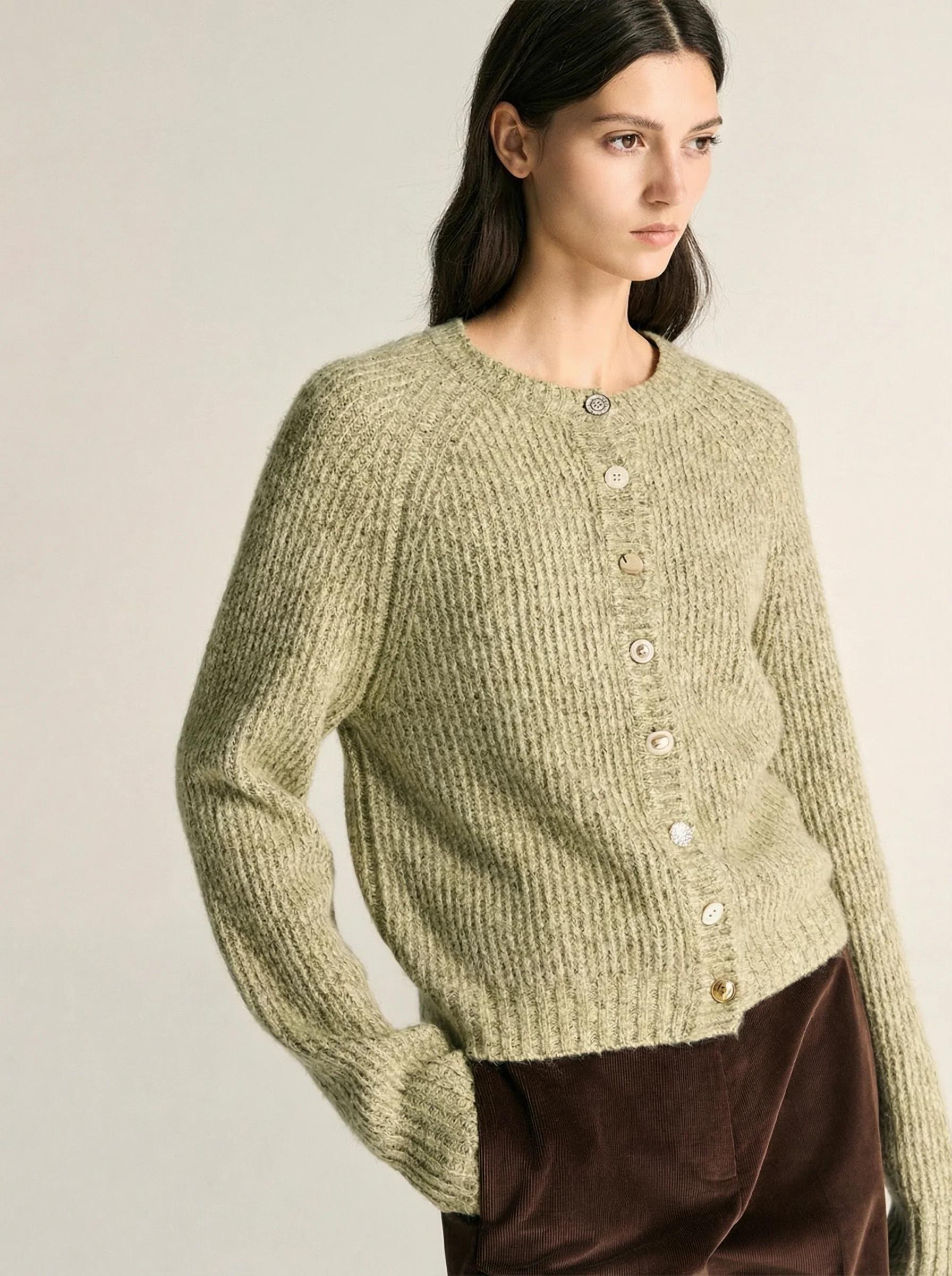 Sage Ribbed Crewneck Cardigan - Image 2