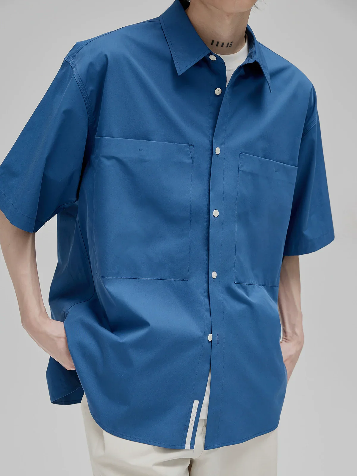 Sand-Washed Cotton Square-Collar Shirt