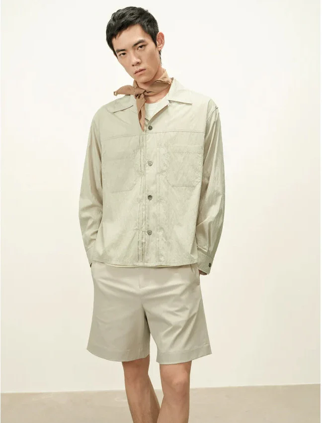 Sandwashed Crinkle Cuban-Collar Overshirt