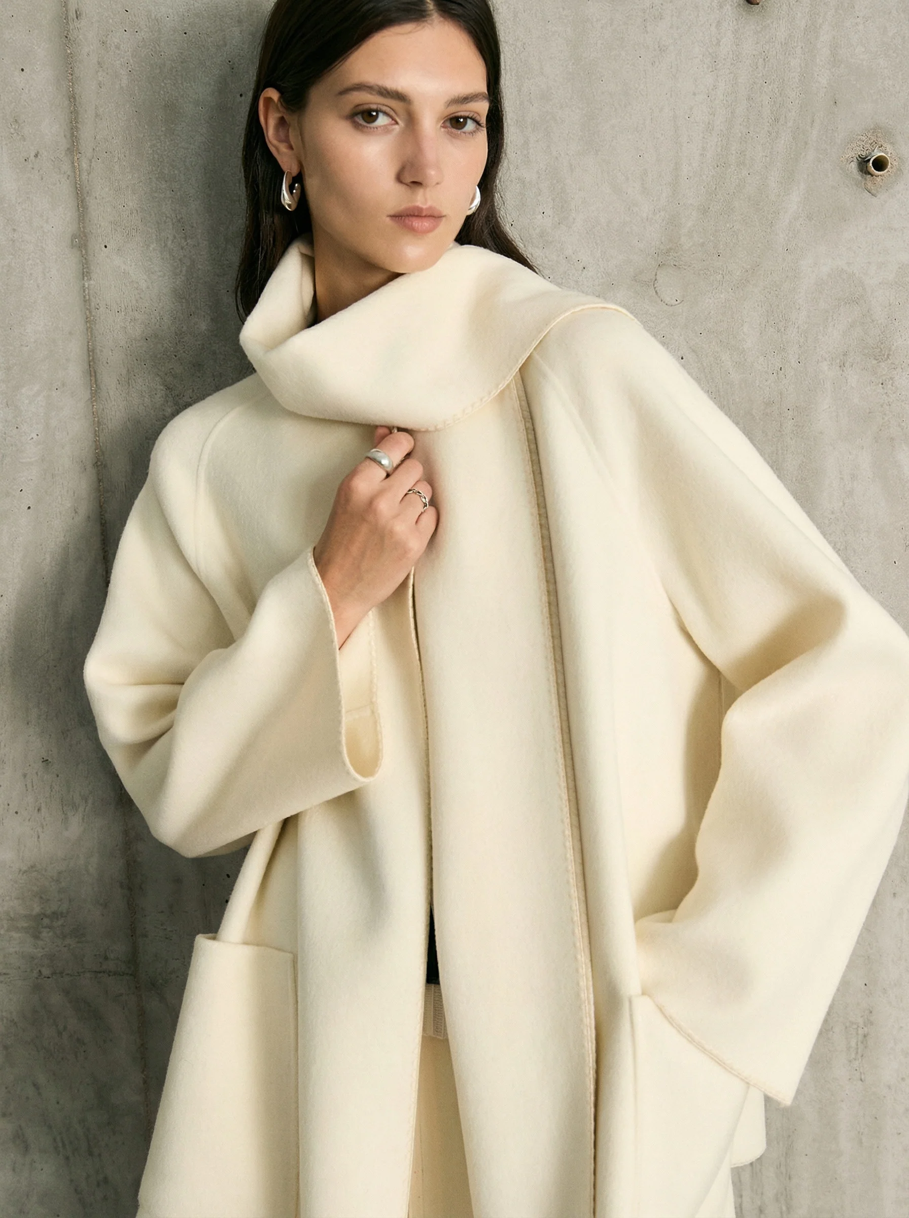 Scarf-Collar Wool Cashmere Coat