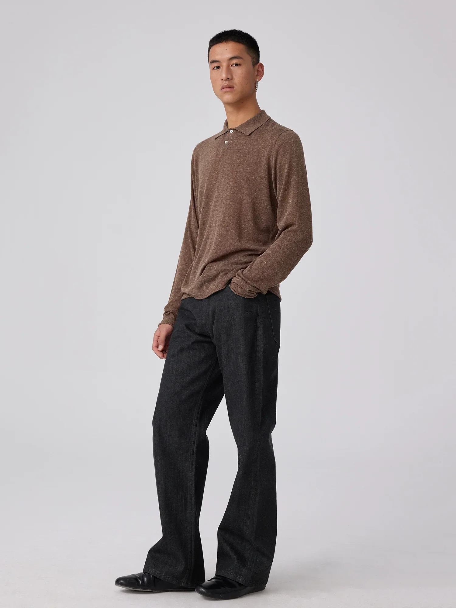 Semi-Sheer Fine-Knit Long-Sleeve Polo - Image 4