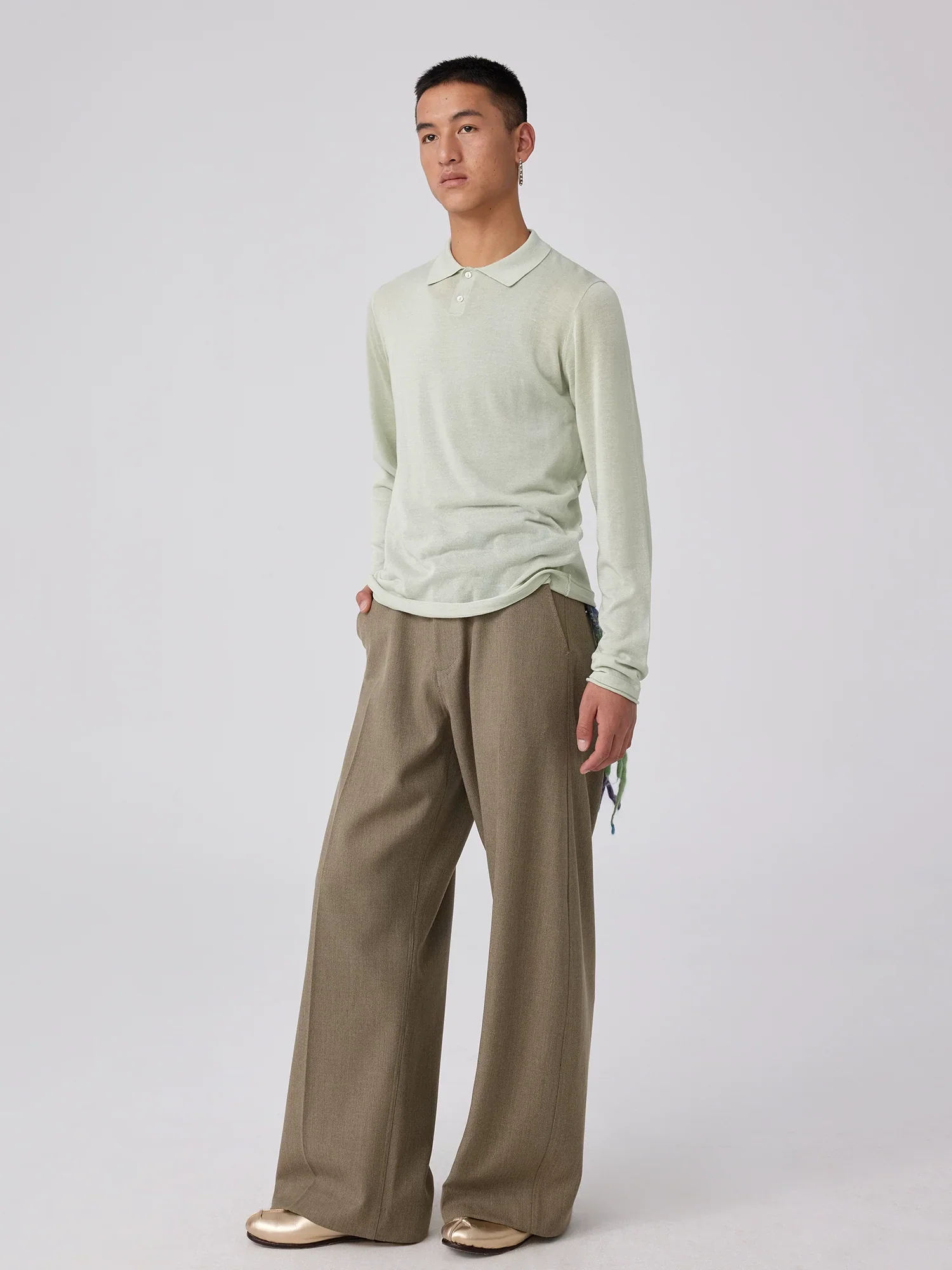 Semi-Sheer Fine-Knit Long-Sleeve Polo - Image 5