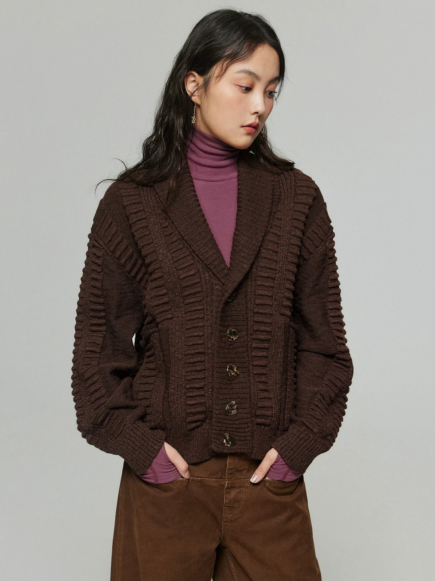 Shawl Collar Textured Knit Cardigan - Image 3