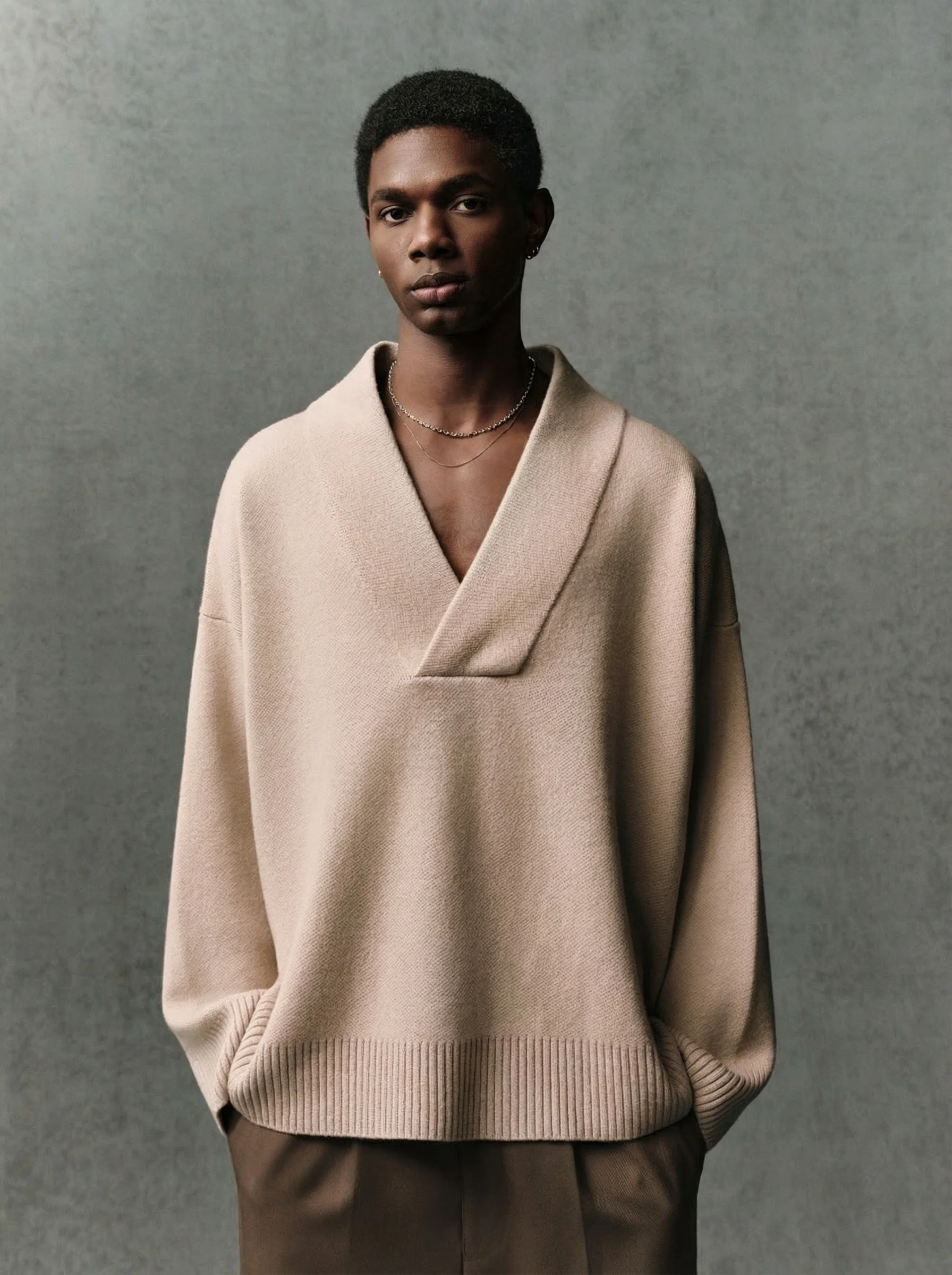 Shawl Collar V Sweater - Image 3