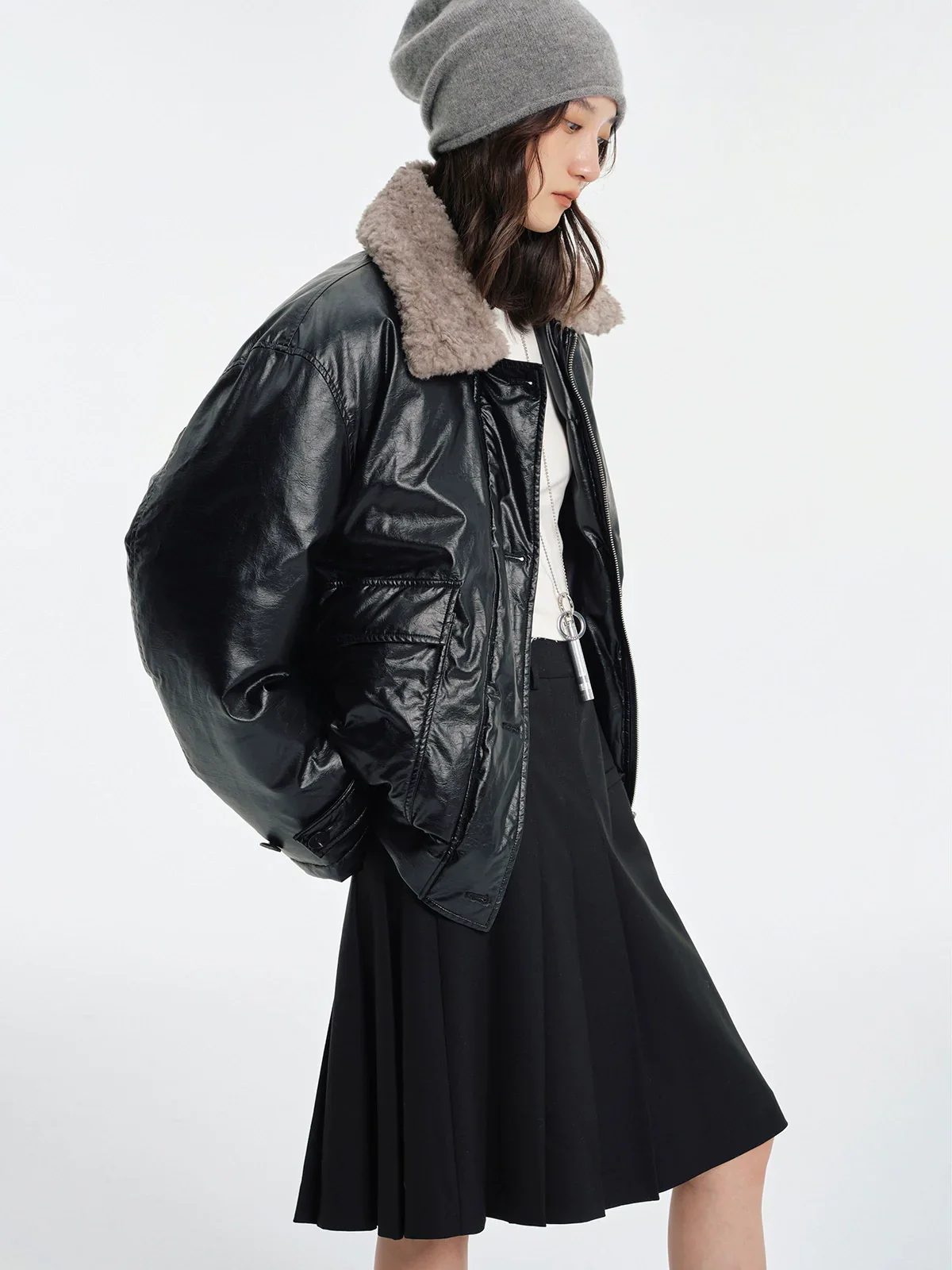 Shearling-Collar Down Aviator Jacket