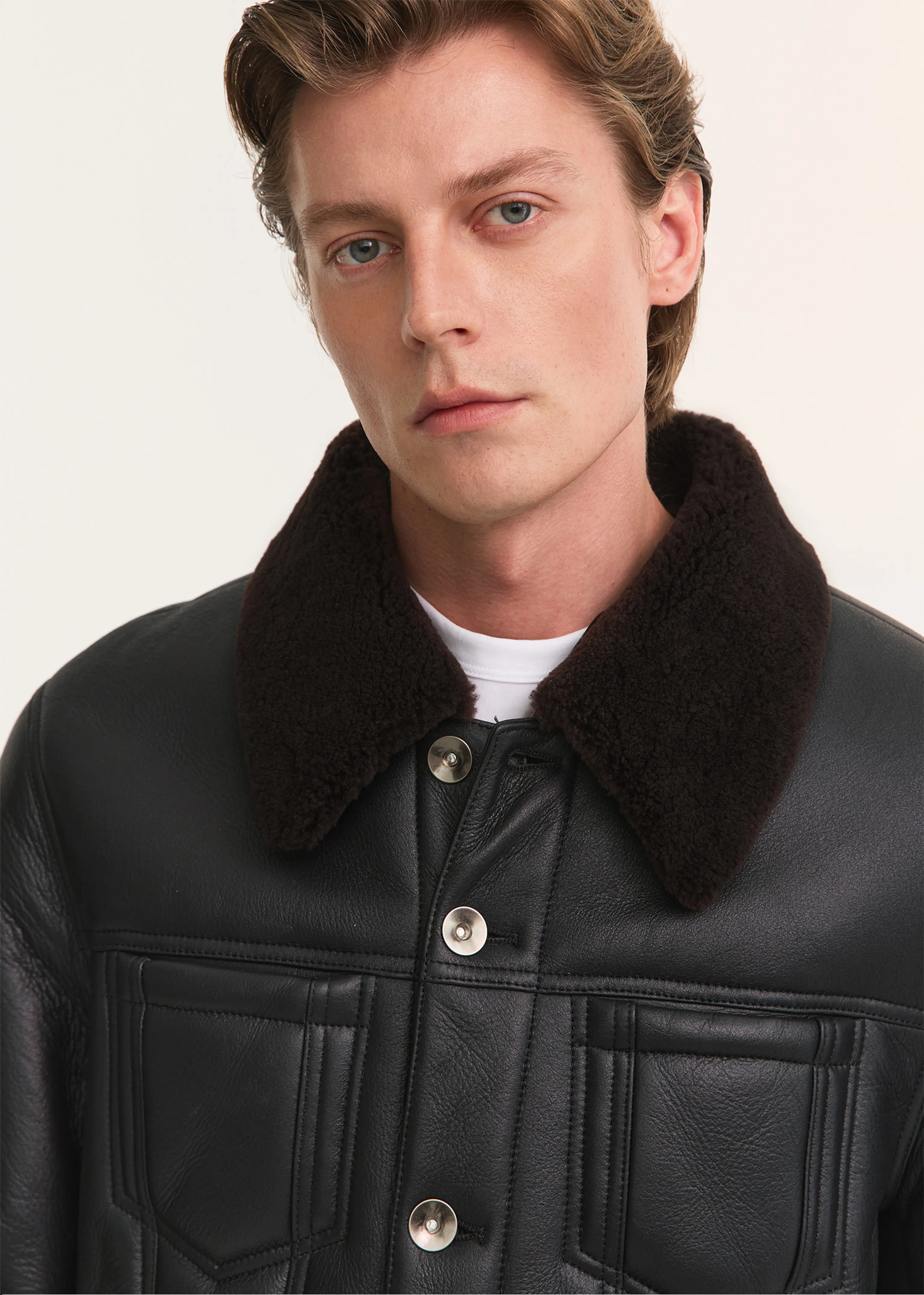 Shearling Collar Leather Trucker Jacket