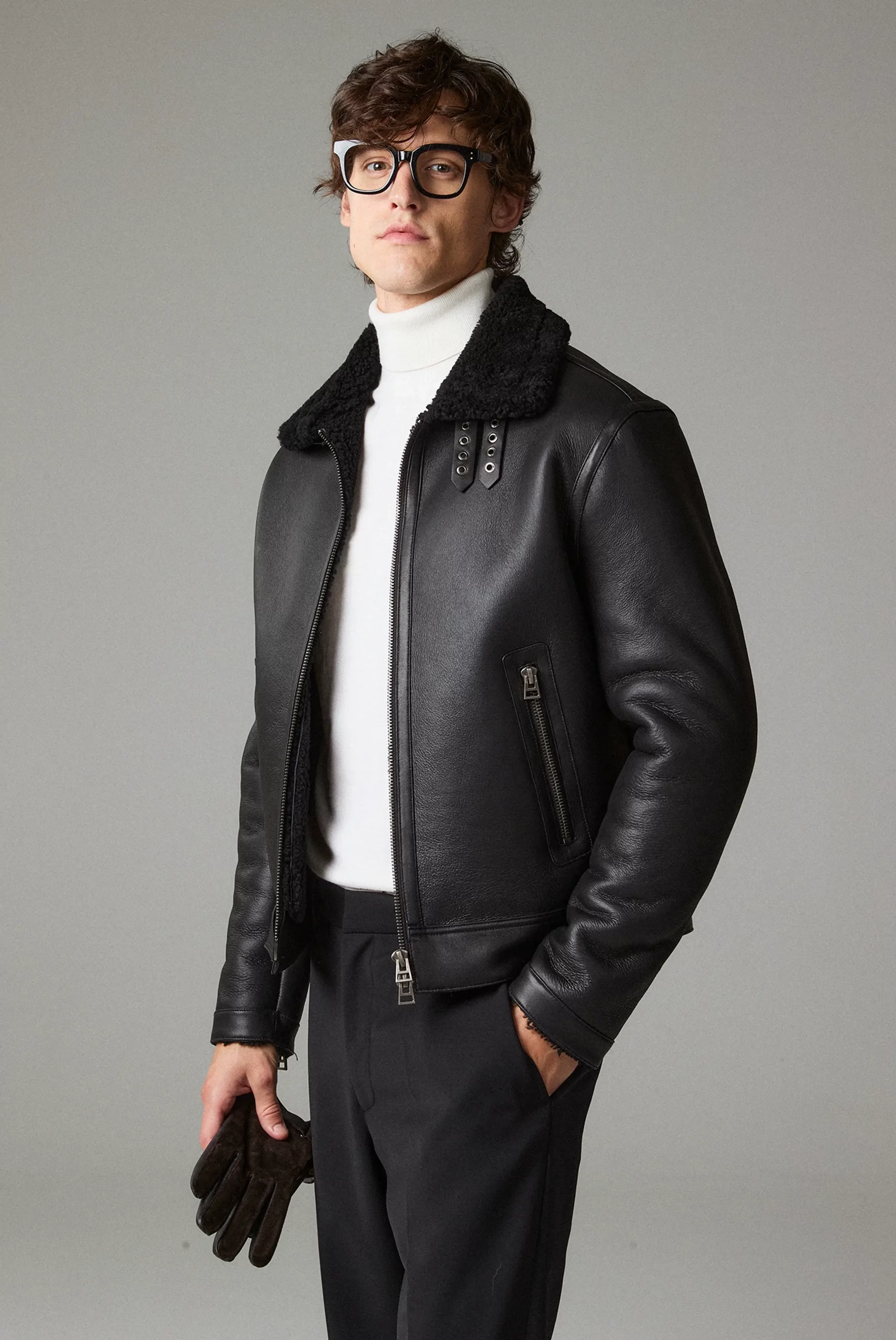 Shearling Leather Aviator Jacket - Image 5
