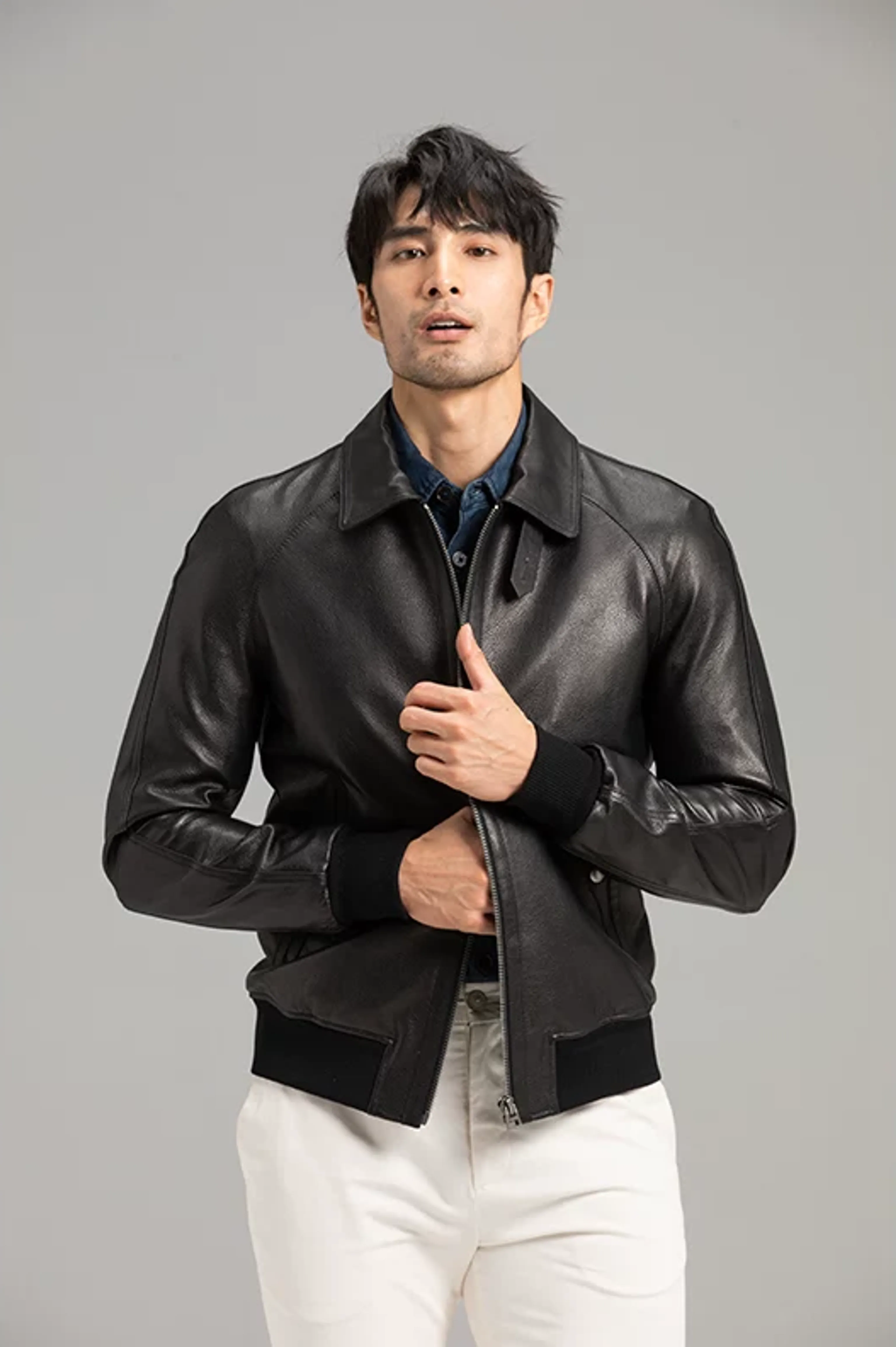 Sheepskin Shirt-Collar Bomber Jacket