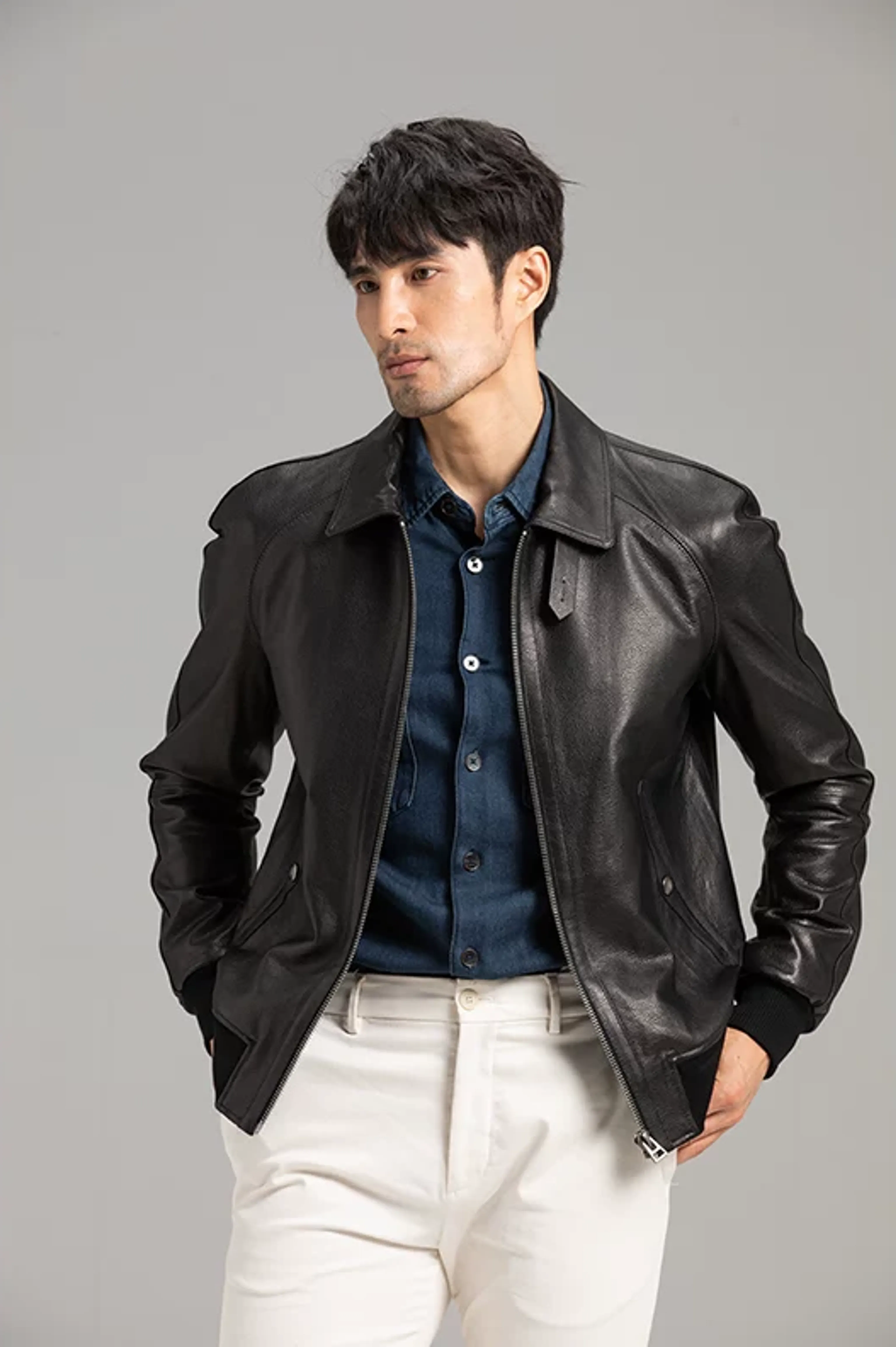 Sheepskin Shirt-Collar Bomber Jacket - Image 3