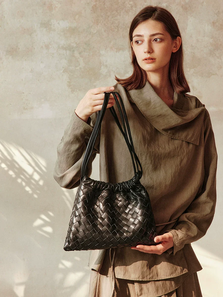 Sheepskin Woven Drawstring Bucket Bag - Image 5