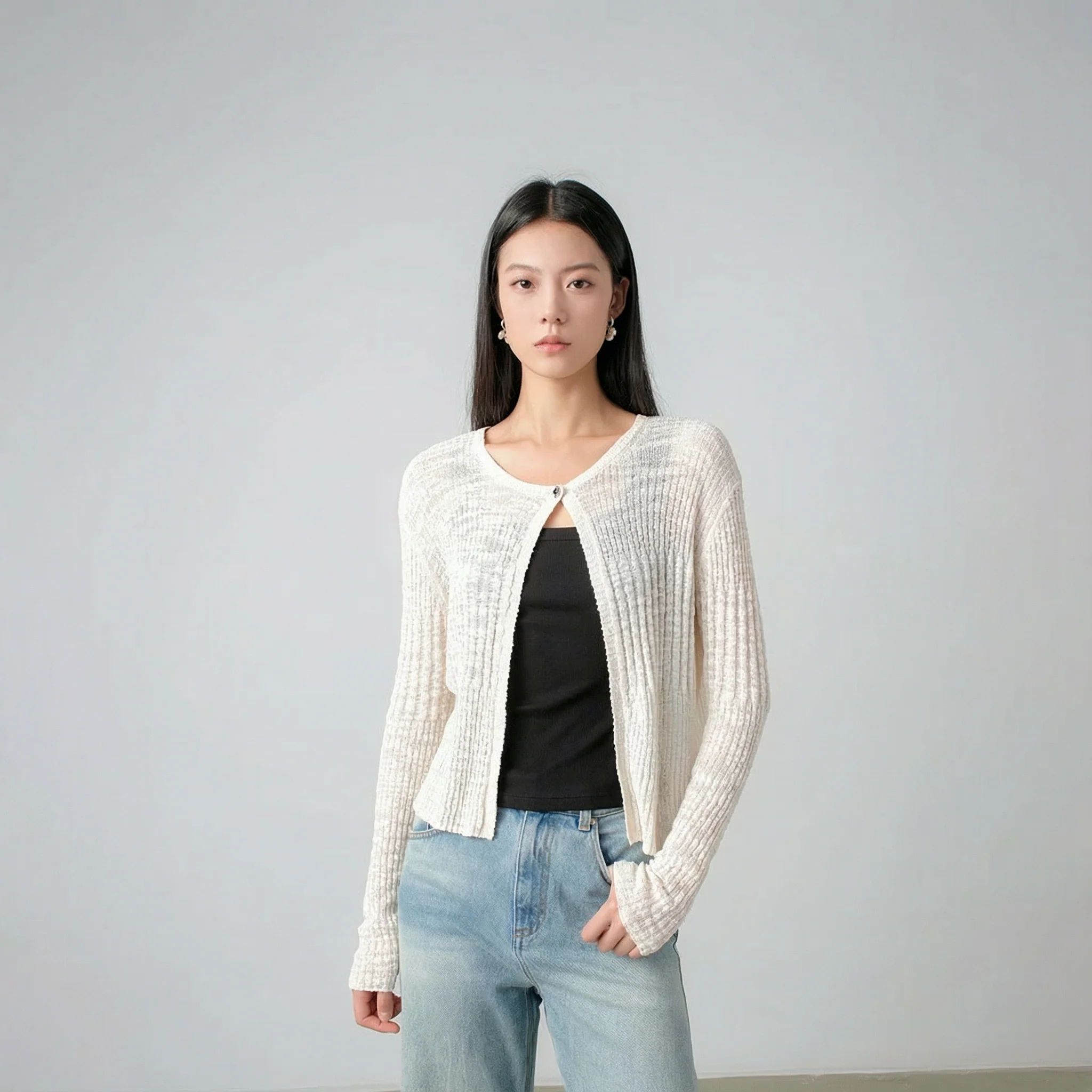Sheer Rib Knit Cropped Cardigan - Image 5