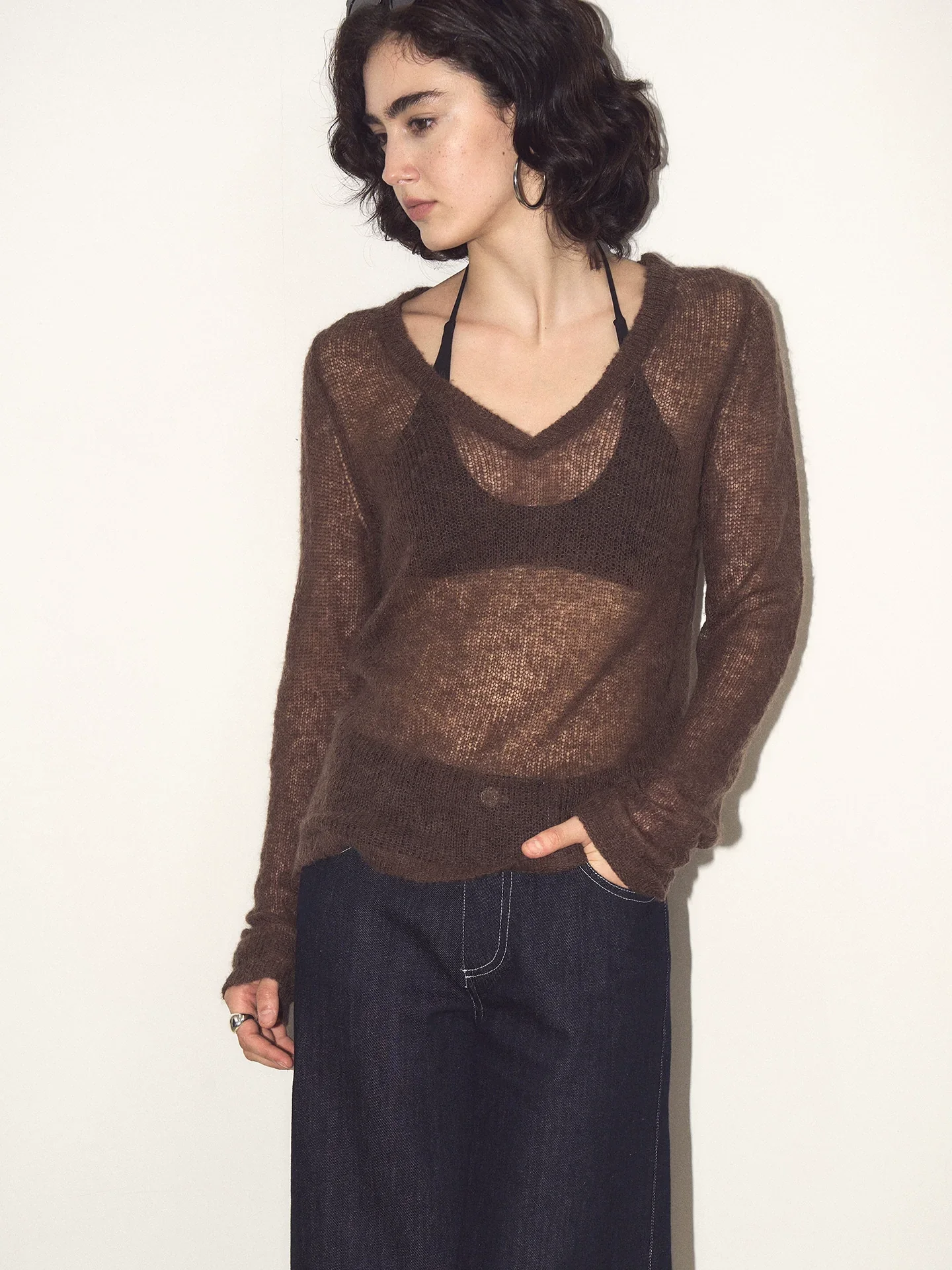Sheer V-Neck Knit Sweater - Image 3