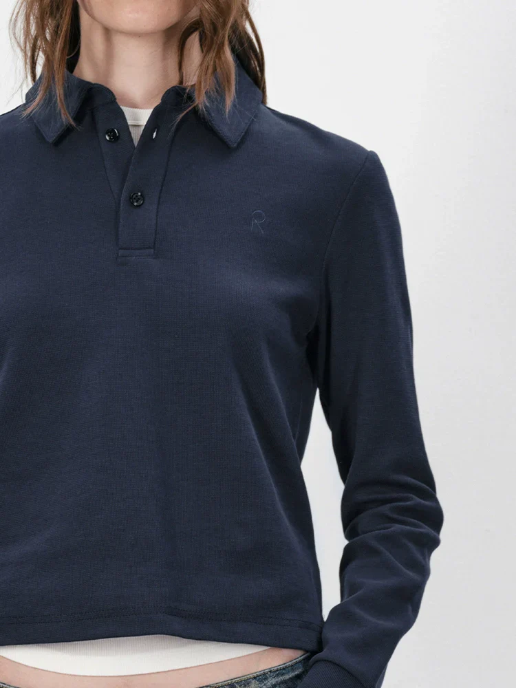 Shoulder-Slit Long-Sleeve Polo Shirt