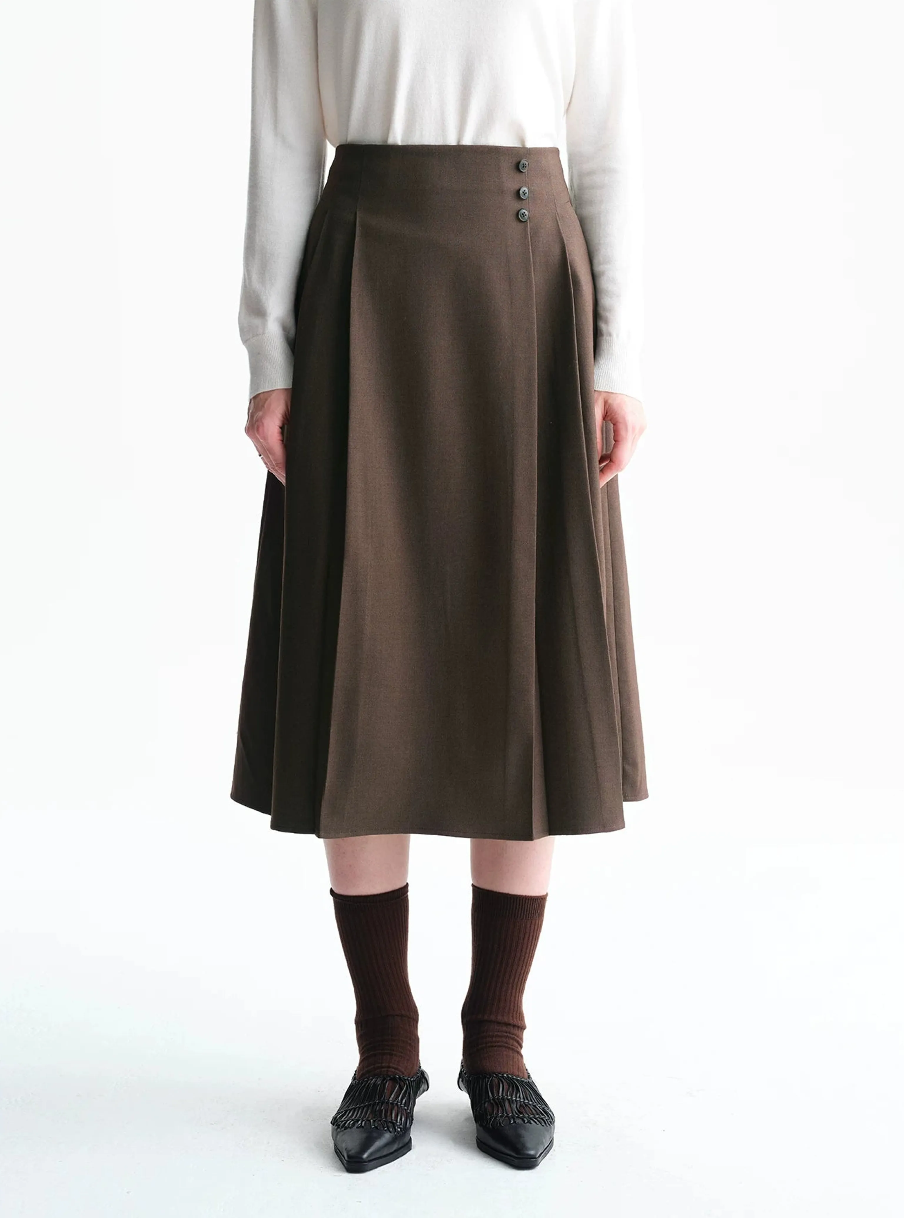 Side-Button Wrap Pleated Midi Skirt - Image 5