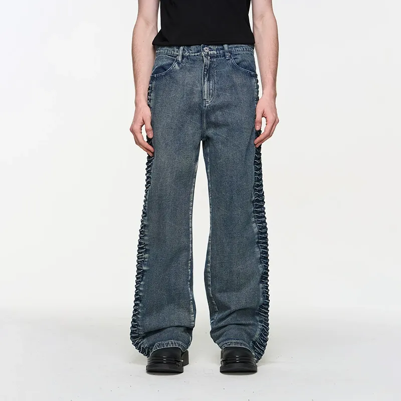 Side-Pleated Wide-Leg Denim Pants - Image 4