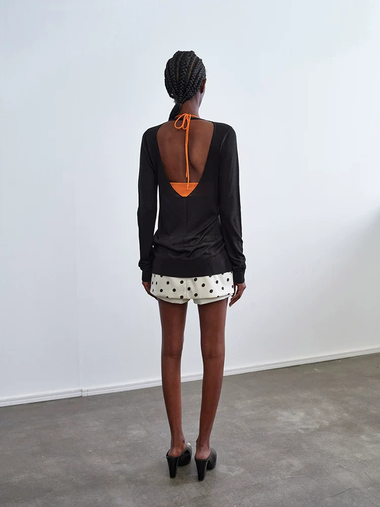 Silk Wool V-Neck Open Back Cardigan - Image 2