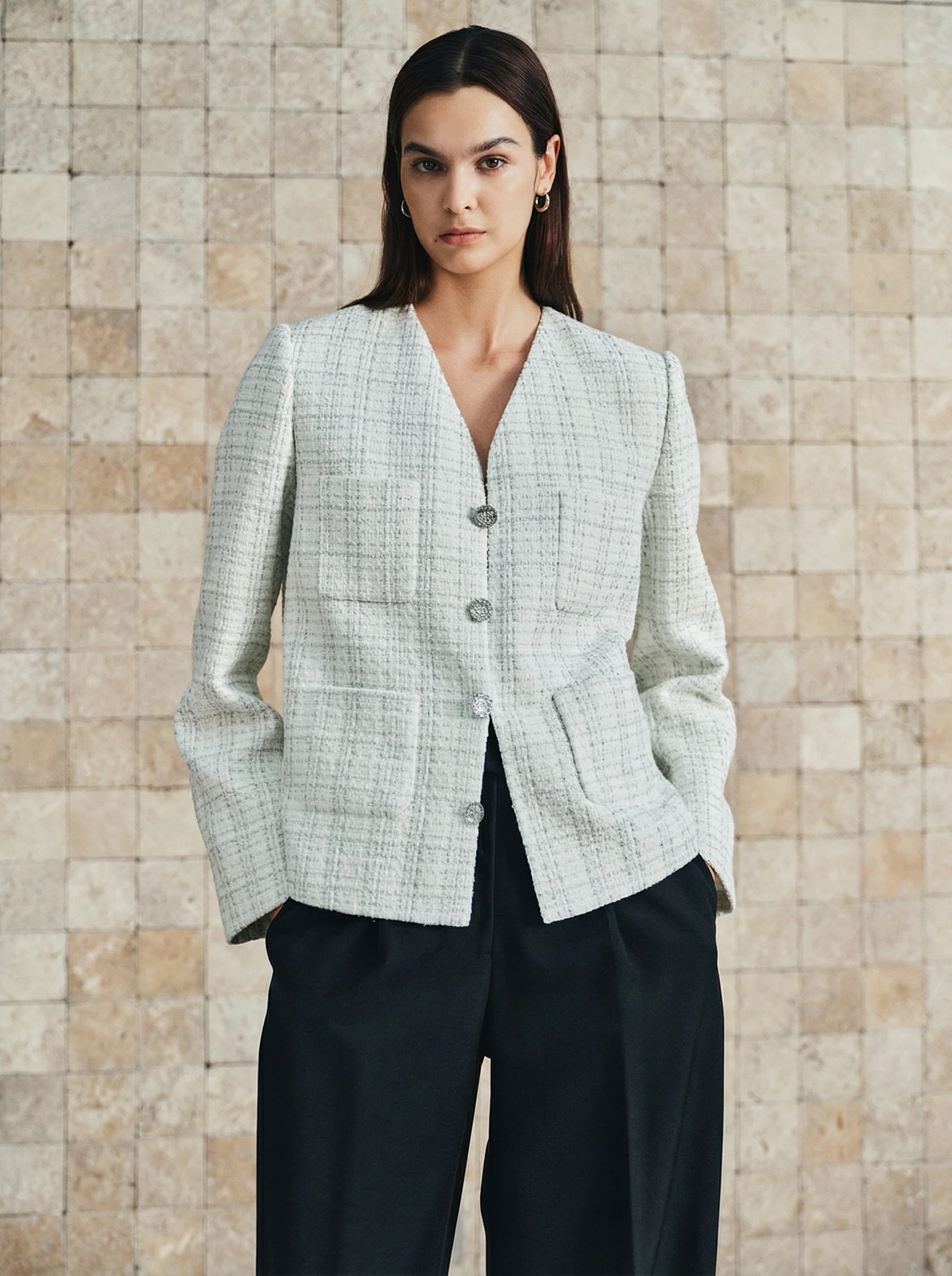 Silver Grid V-Neck Tweed Jacket - Image 4