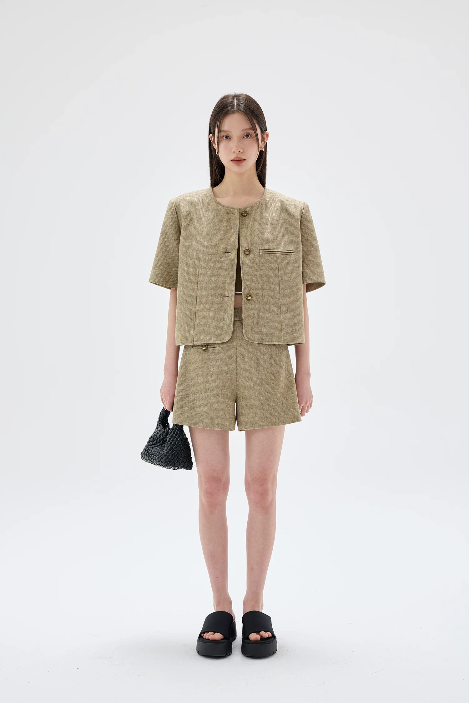 Simple Textured Jacket and Shorts Set - Image 3