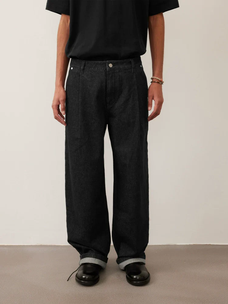 Single-Pleat Loose Straight Denim Trousers - Image 2