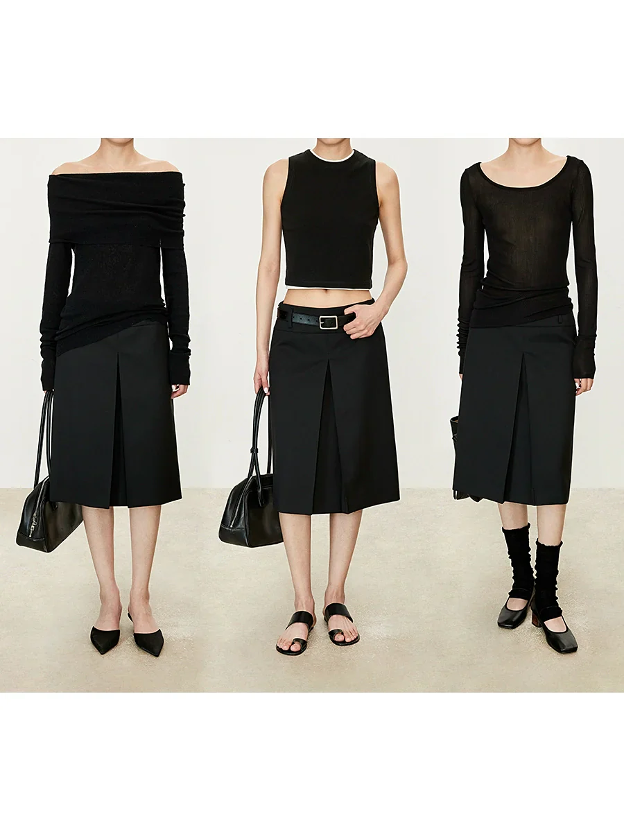 Single-Pleat Stretch Wool Midi Skirt - Image 4
