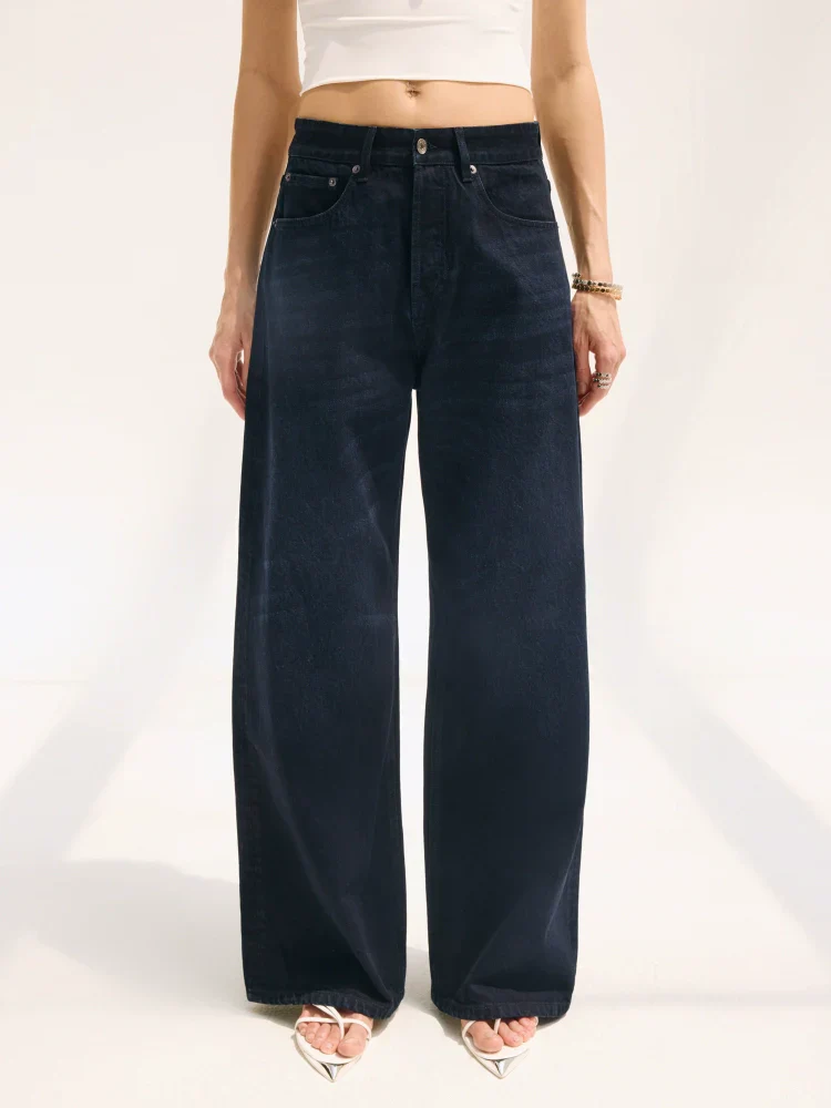 Siro-spun Washed Denim Wide-leg Jeans