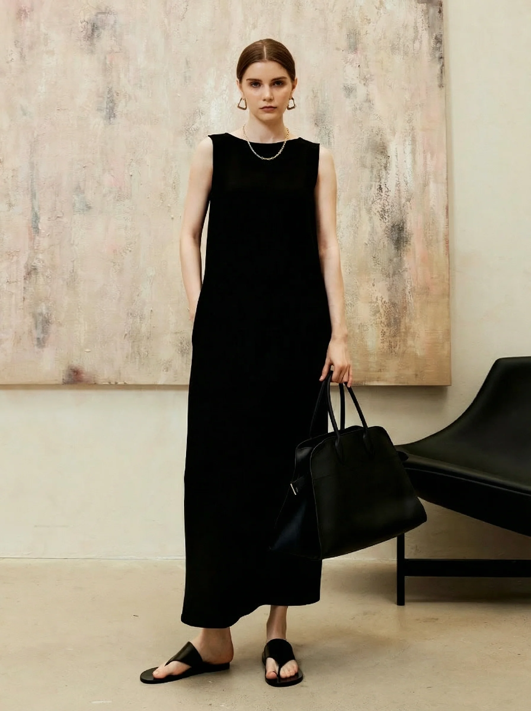 Sleeveless Round Neck Acetate Column Dress - Image 3