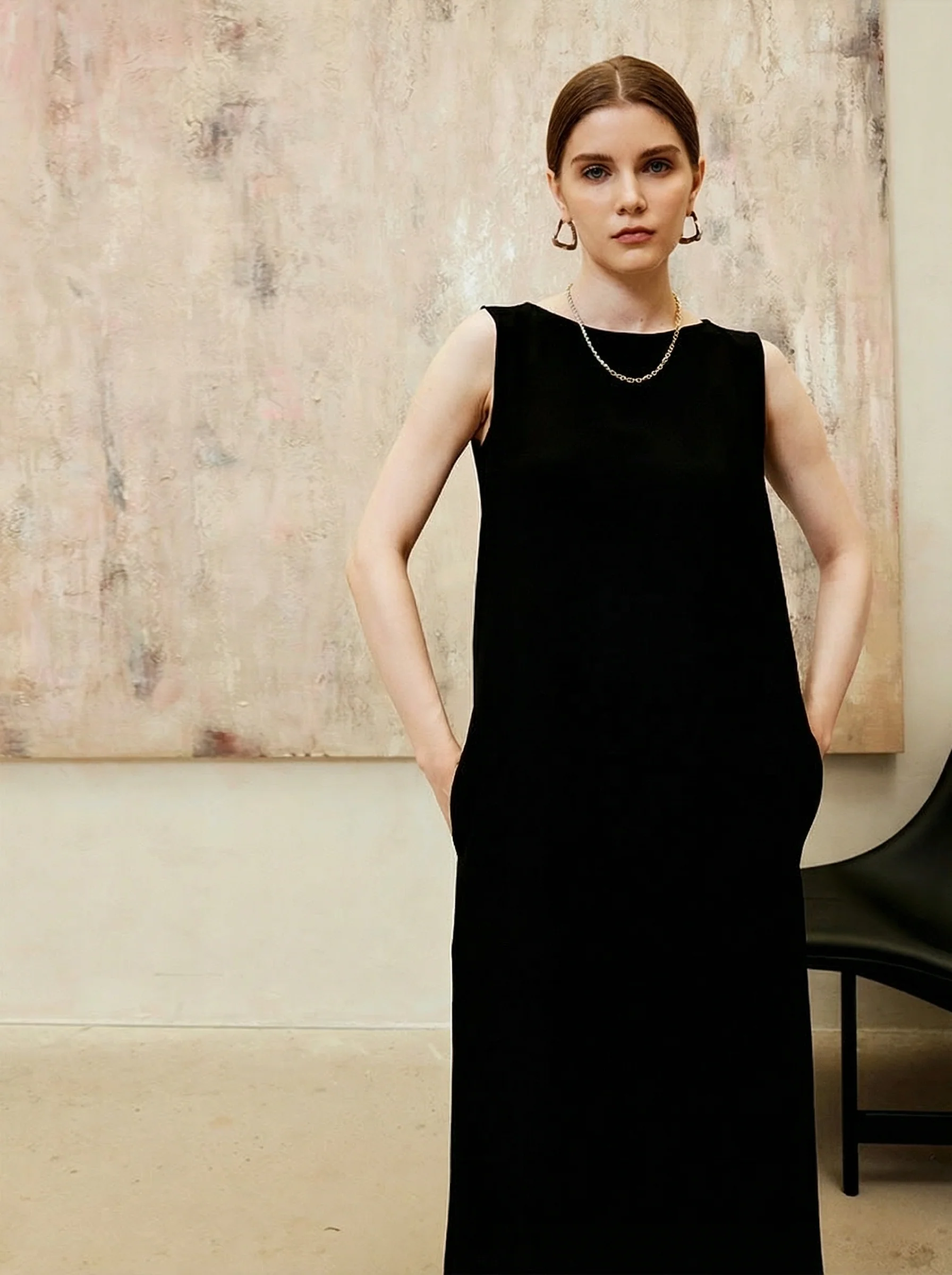 Sleeveless Round Neck Acetate Column Dress - Image 4