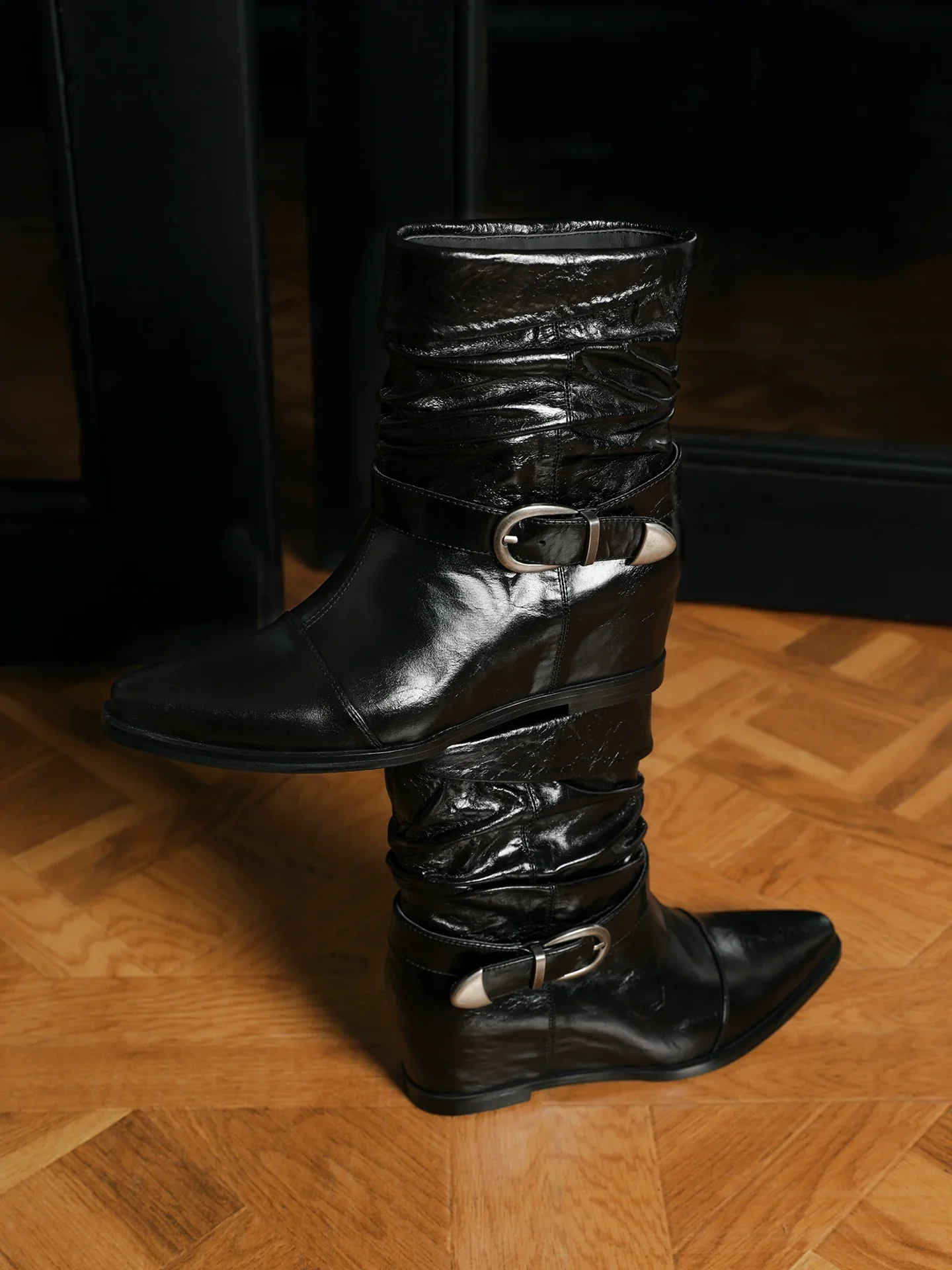 Slouch Buckle Pointed-Toe Ankle Boot