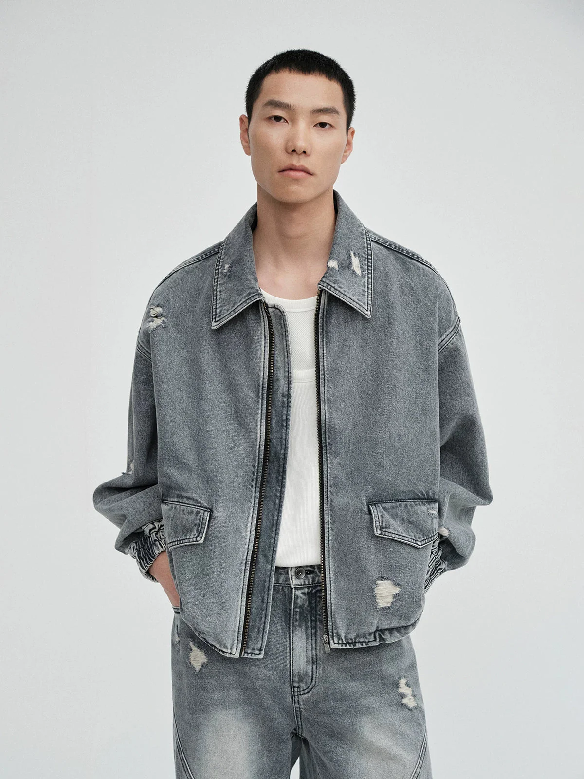 Snow-Washed Square-Collar Cropped Denim Jacket - Image 3