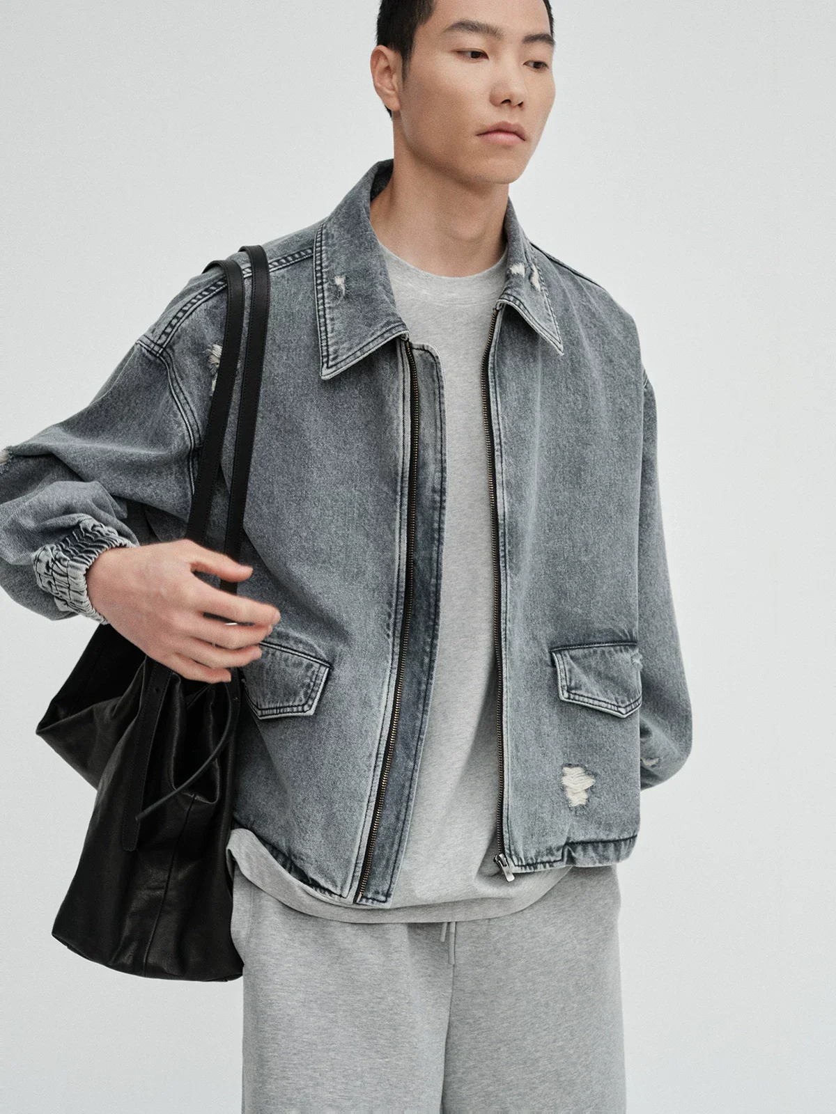 Snow-Washed Square-Collar Cropped Denim Jacket - Image 5