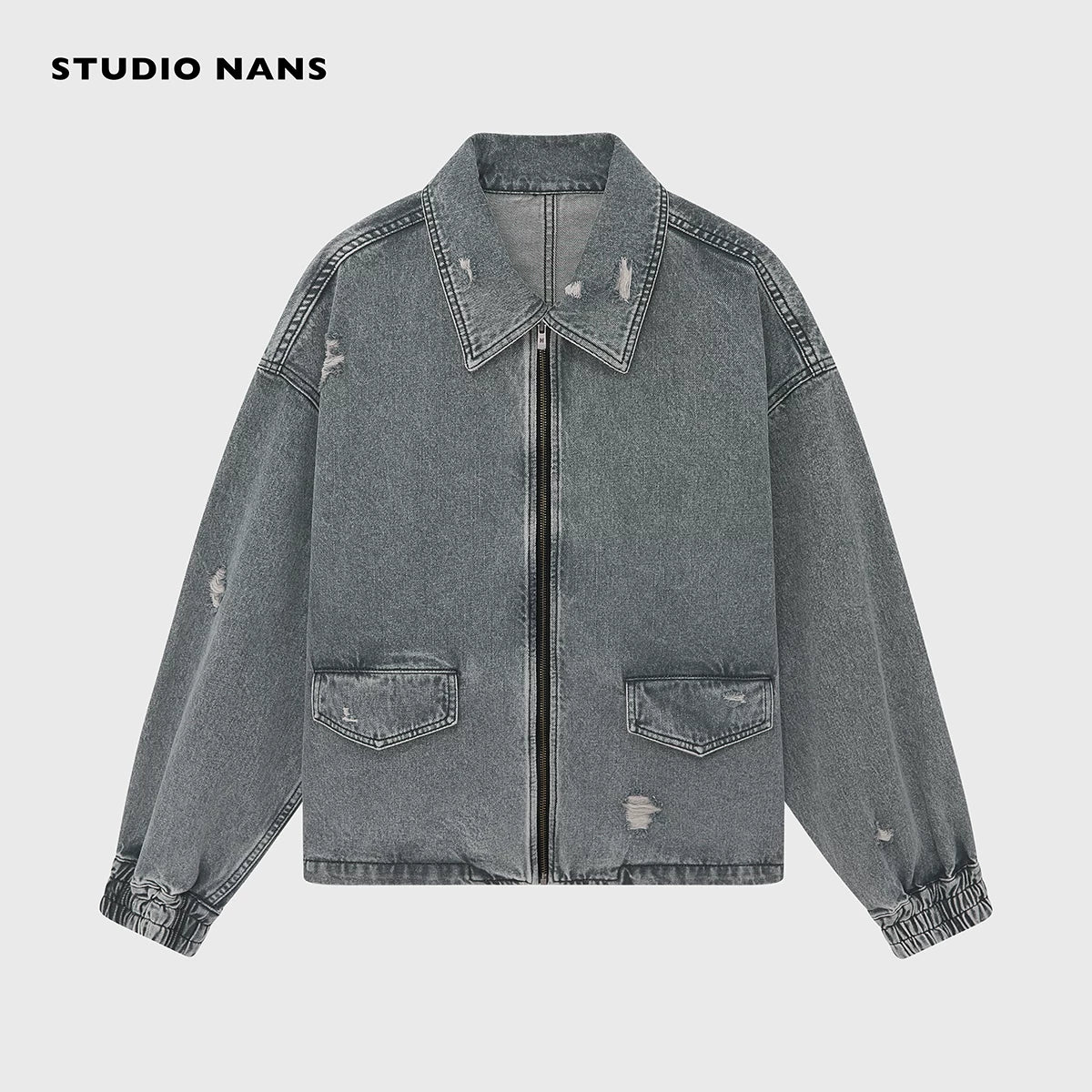 Snow-Washed Square-Collar Cropped Denim Jacket - Image 6