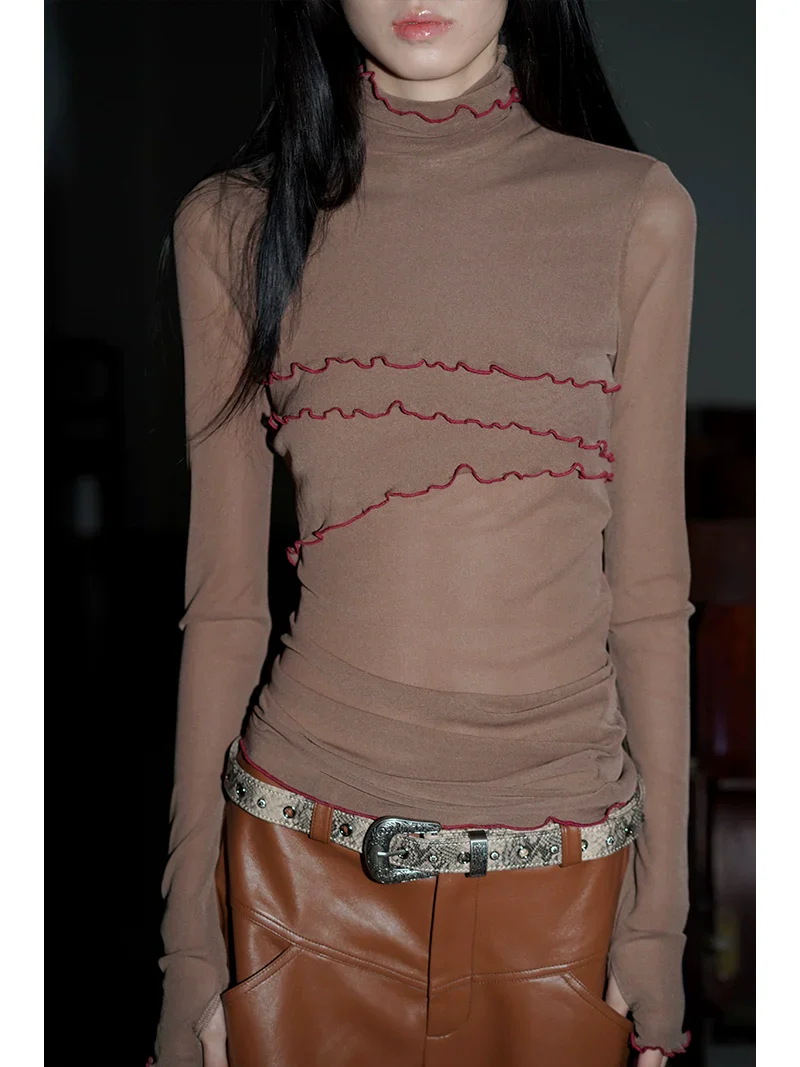 Solid Mesh Turtleneck Top