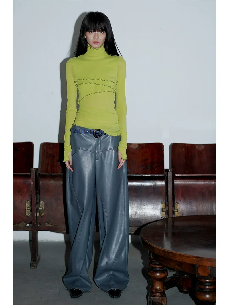 Solid Mesh Turtleneck Top - Image 2