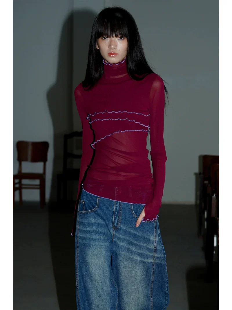 Solid Mesh Turtleneck Top - Image 3