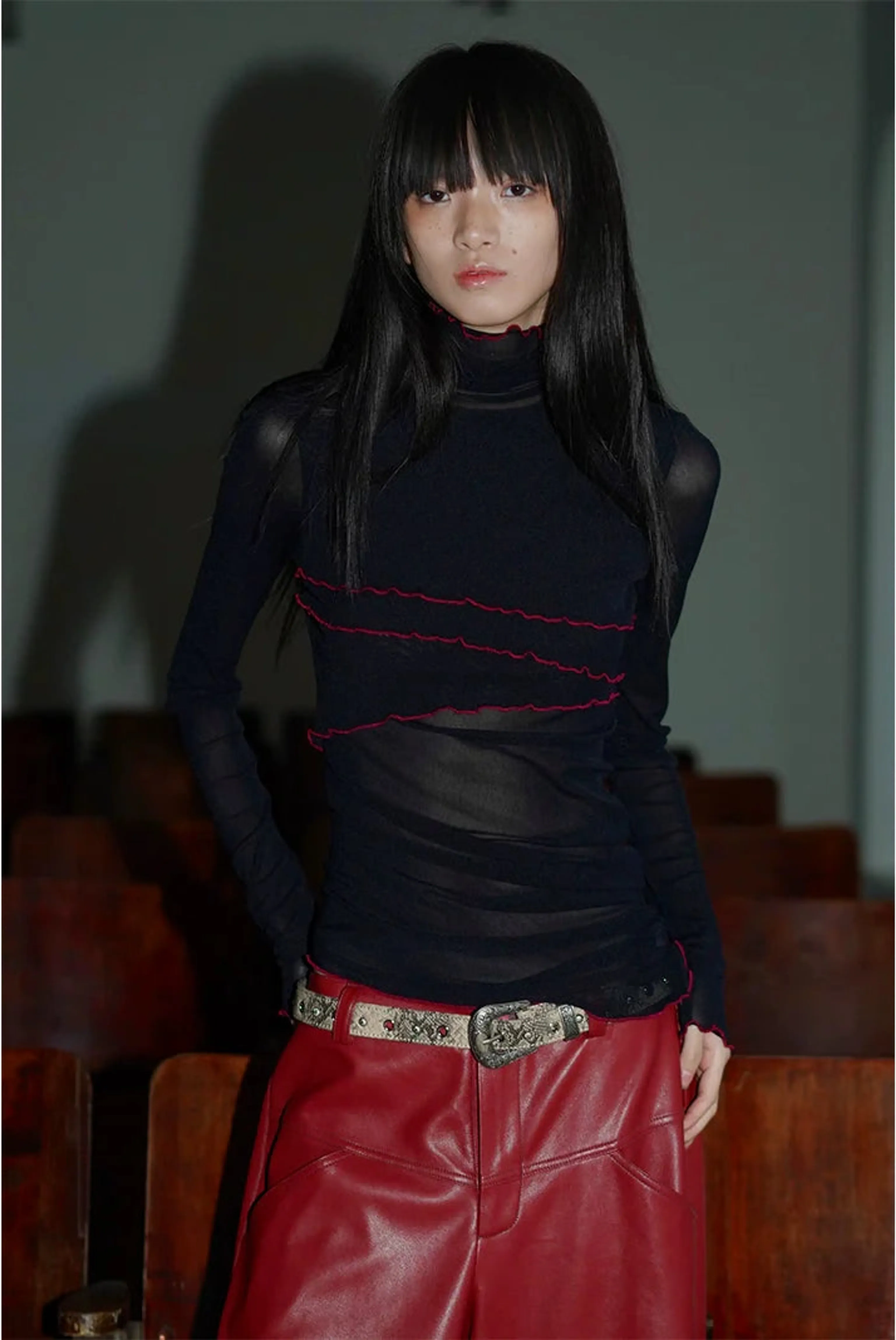 Solid Mesh Turtleneck Top - Image 4