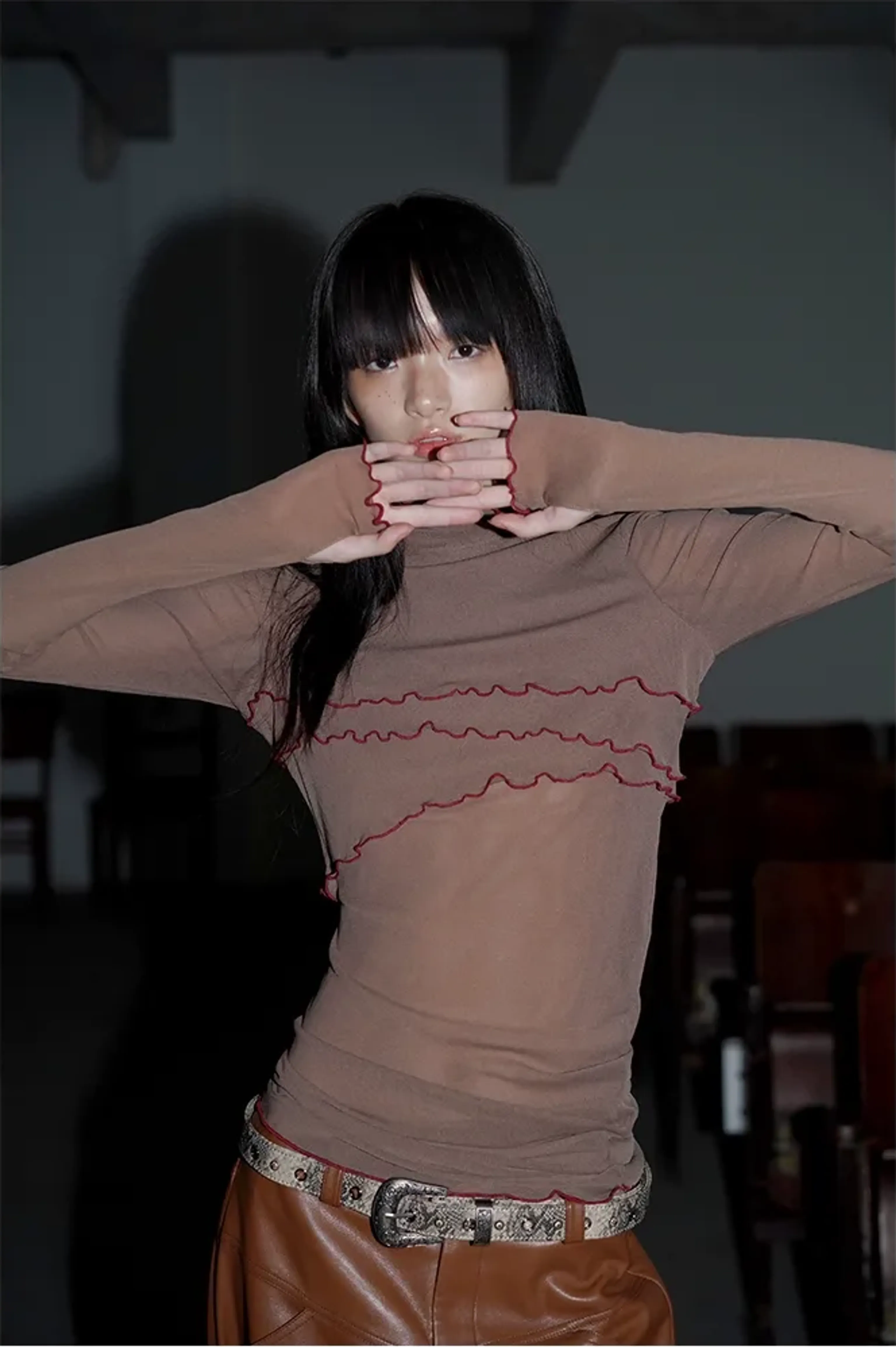 Solid Mesh Turtleneck Top - Image 5