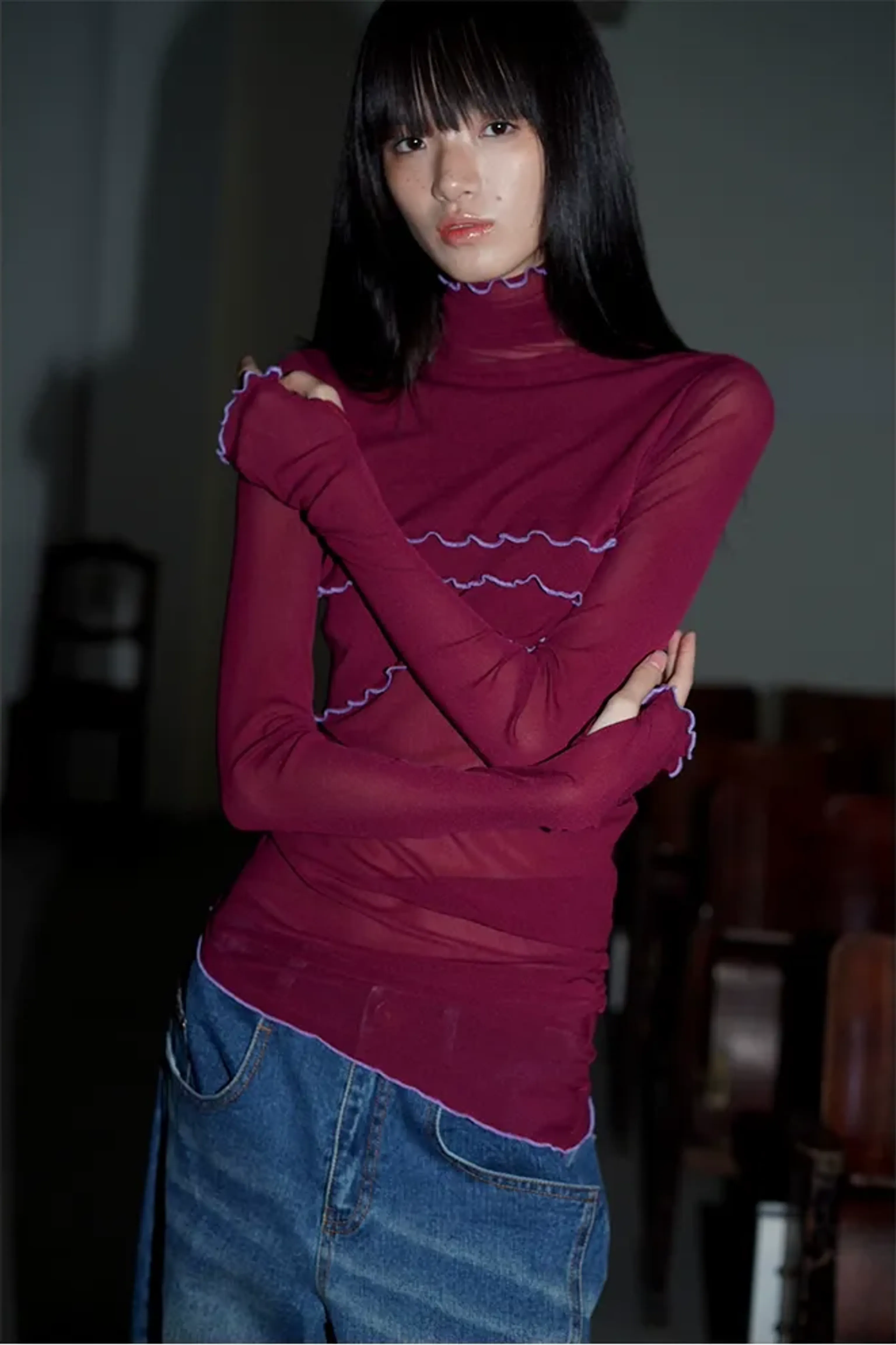 Solid Mesh Turtleneck Top - Image 6
